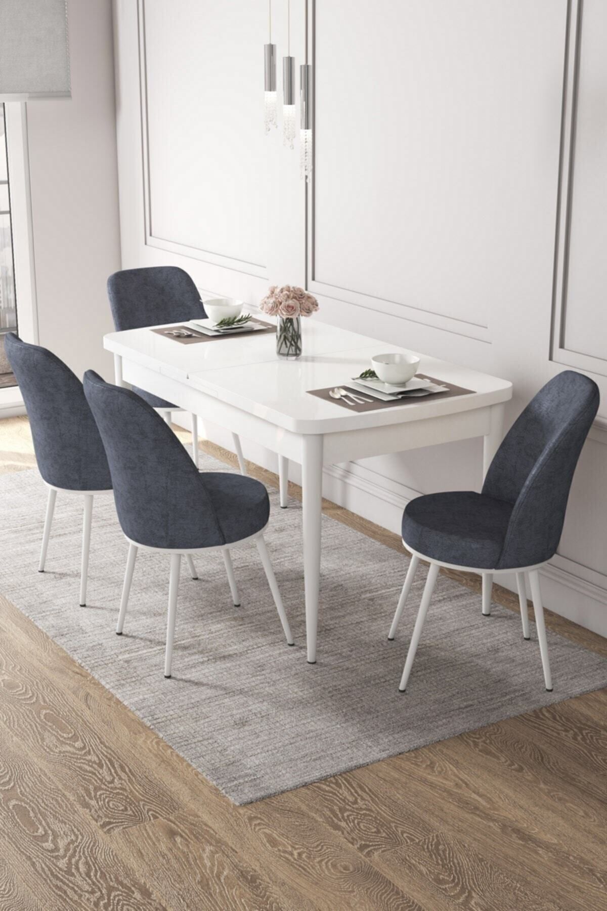 Canisa Concept Kor Serisi 70x114 Açılabilir Mutfak Masa Takımı, Beyaz Masa 4 Füme Sandalye