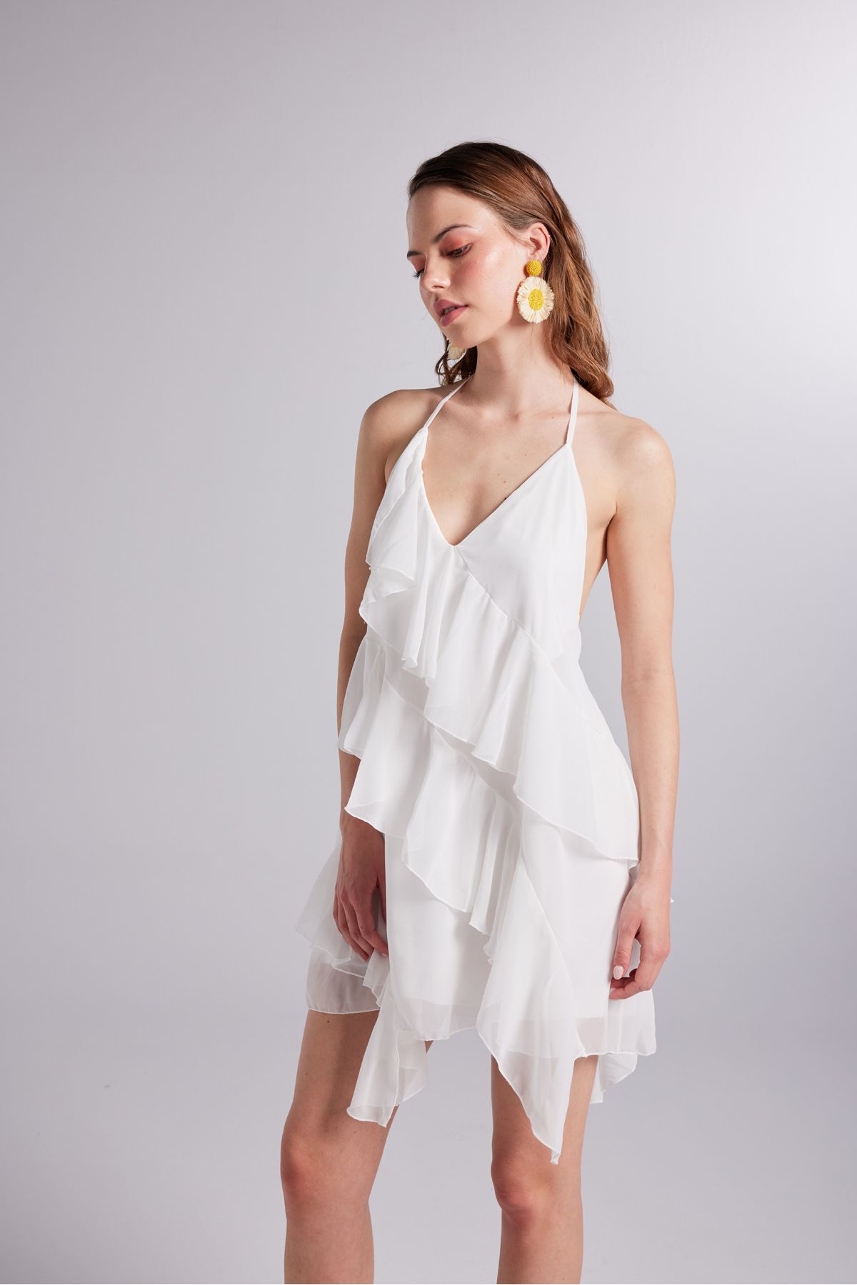 HOLLY LOLLY Fırfır Detaylı Bel Dekolteli Şifon Capri Elbise Beyaz