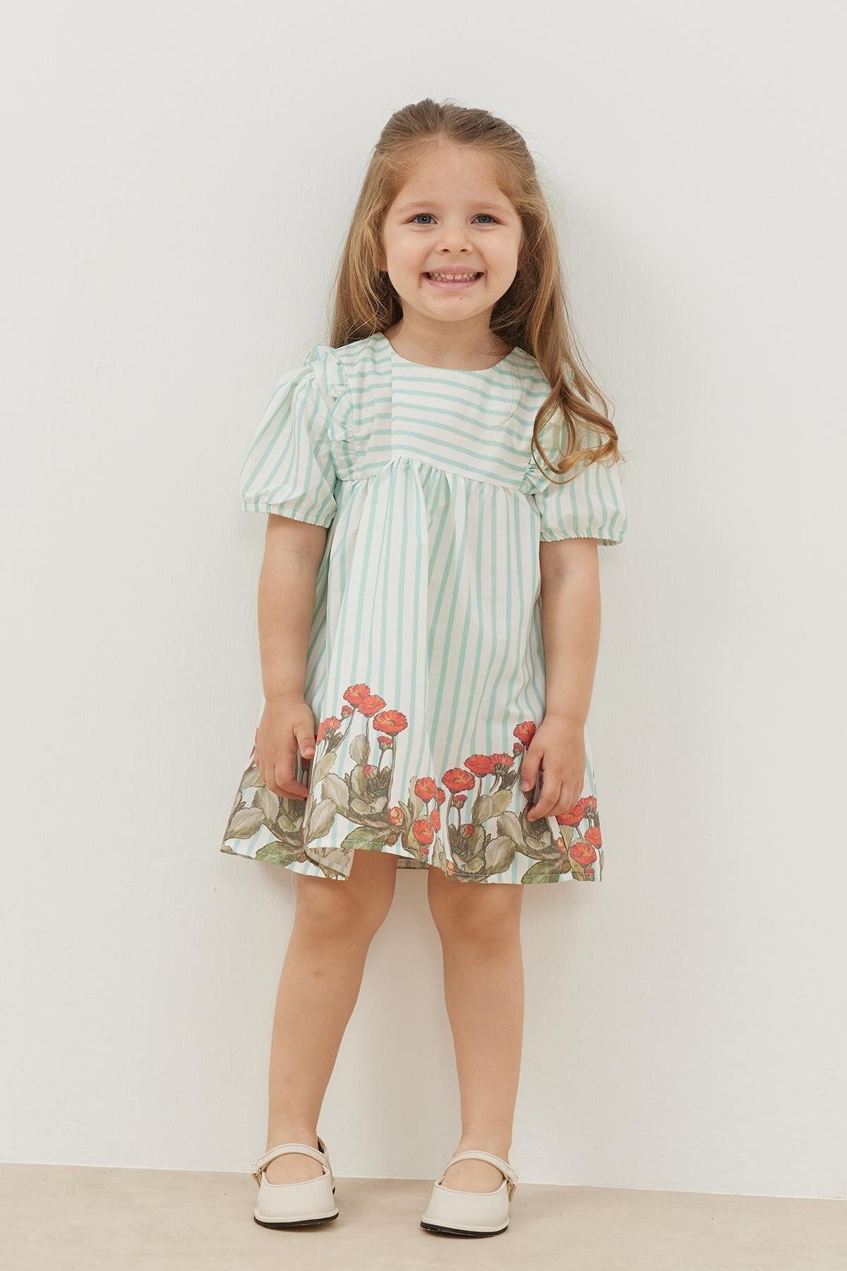 Fahhar Kids Fırfır Detaylı Elbise Mint Çizgili