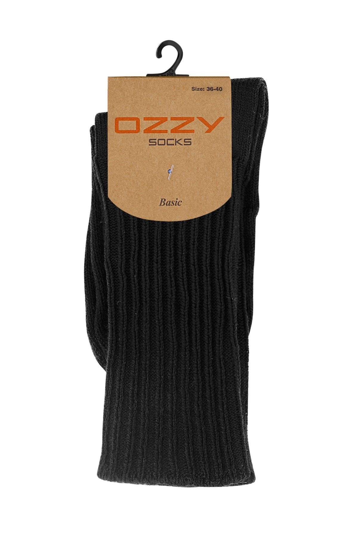 Ozzy Socks Kışlık Kadın Yünlü Siyah Renk Uyku Çorabı Soft Touch