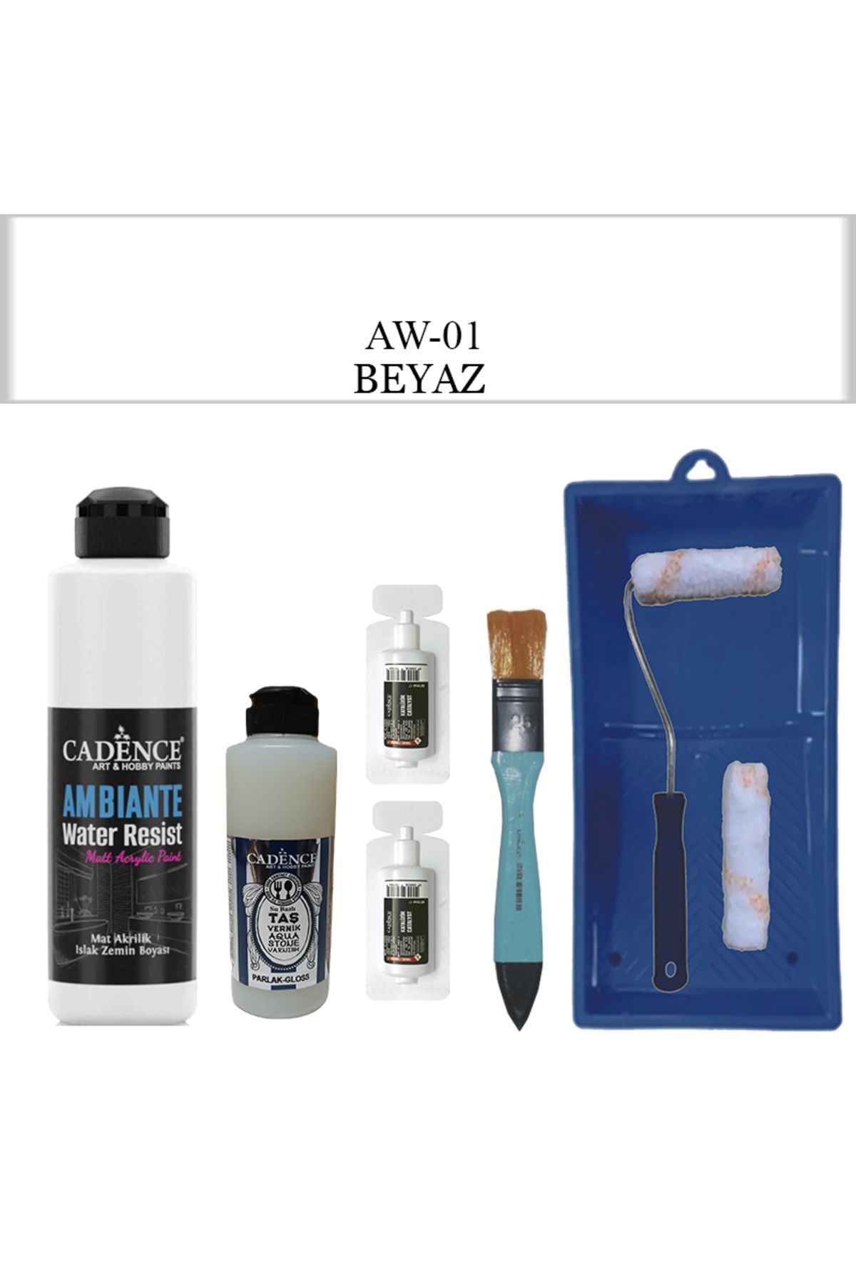 Cadence Boya Fayans Tezgah B-Ambiente Islak Zemin Aw-01 Beyaz 250Ml Katalizör 20Gr Taş Vernik 120 Saten Rulo Set