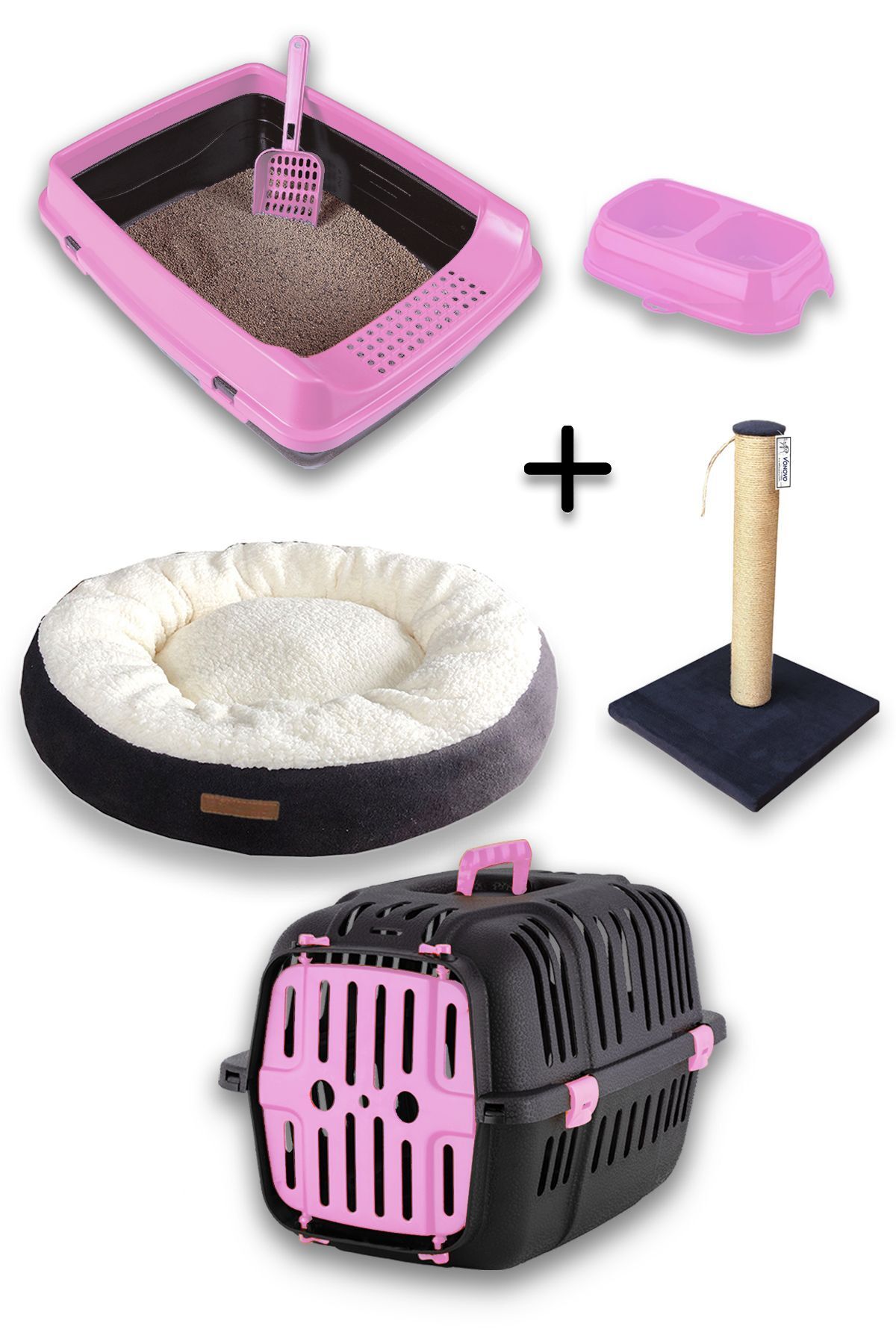 Kurtbay Şekil Açık Kedi Tuvaleti Taşıma Sepeti Tırmalama Simit Yatak Mama Kabı Kedi Başlangıç Seti-at8