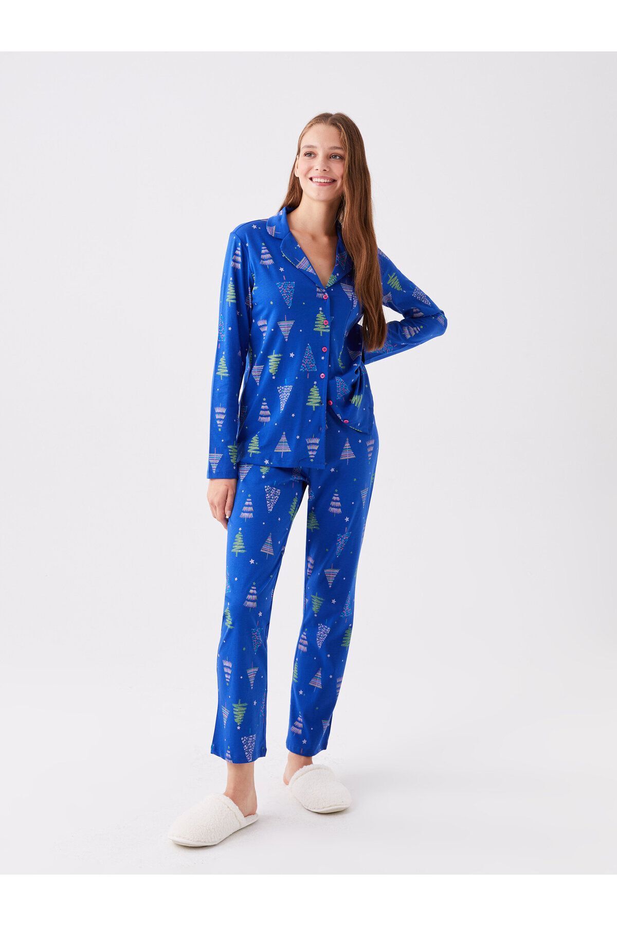 LC Waikiki Gömlek Yaka Baskılı Uzun Kollu Kadın Pijama Takımı