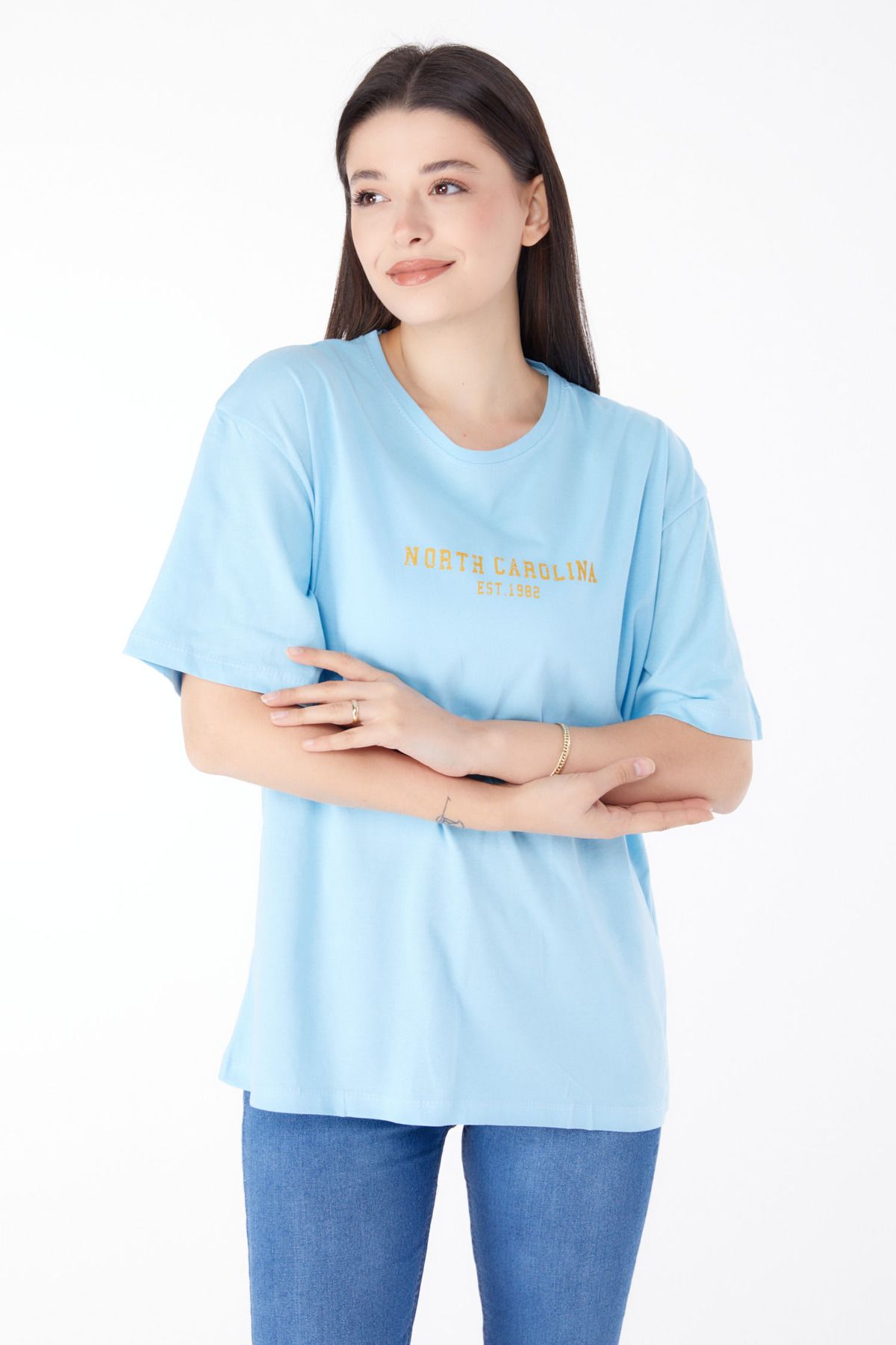 TOFİSA Düz Bisiklet Yaka Kadın Mavi Baskılı Kısa Kollu T-Shirt  - 25400