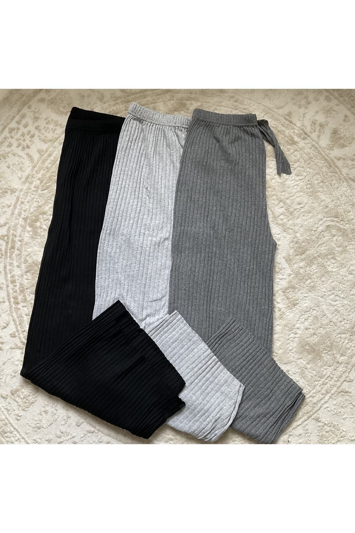 Asel 3'lü Siyah - Gri - Füme Kadın Likralı Rahat Pantolon & Eşofman, Gündelik Rahat Ev Giyim Pijama