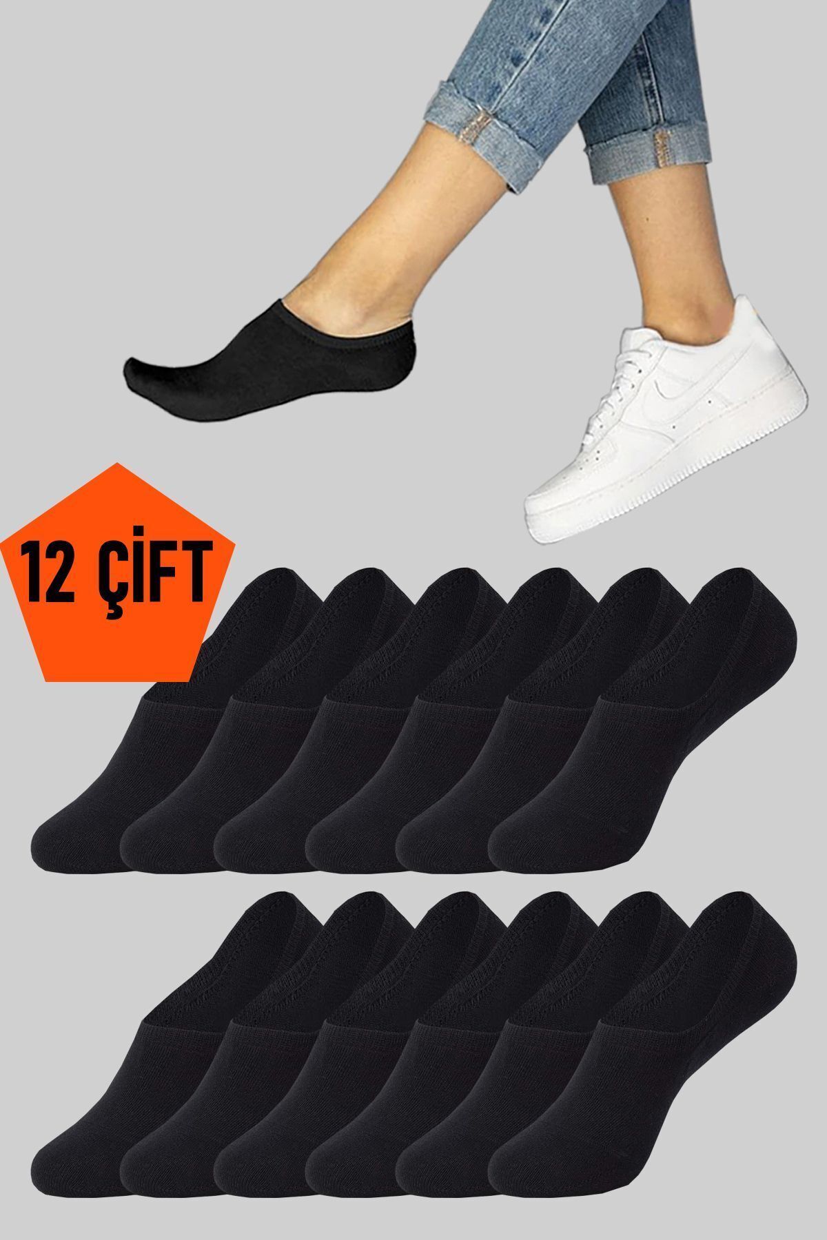 Lvari Unisex 12 Çift Pamuklu Görünmez Sneaker Çorap Siyah