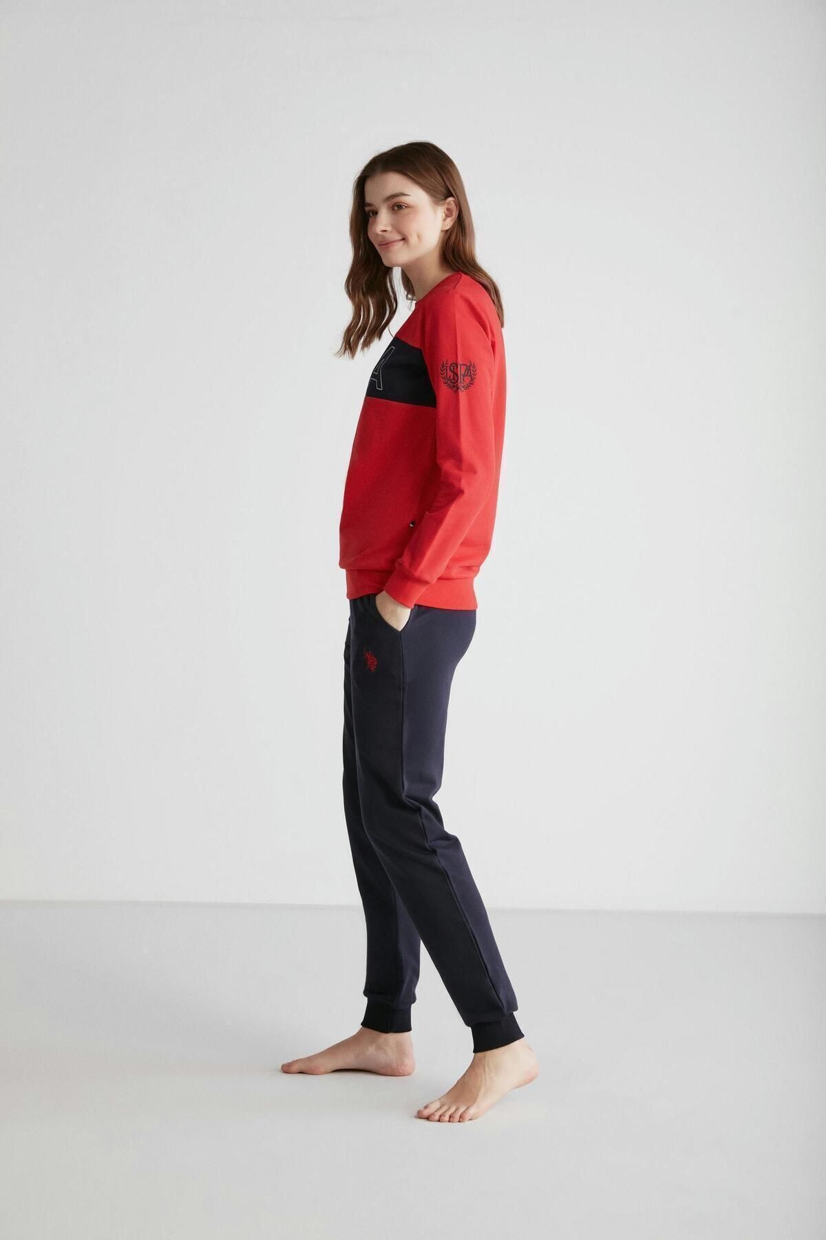 U.S. Polo Assn. Kadın %100 Pamuklu Kırmızı Dar Paça 2'Li Pijama Takımı