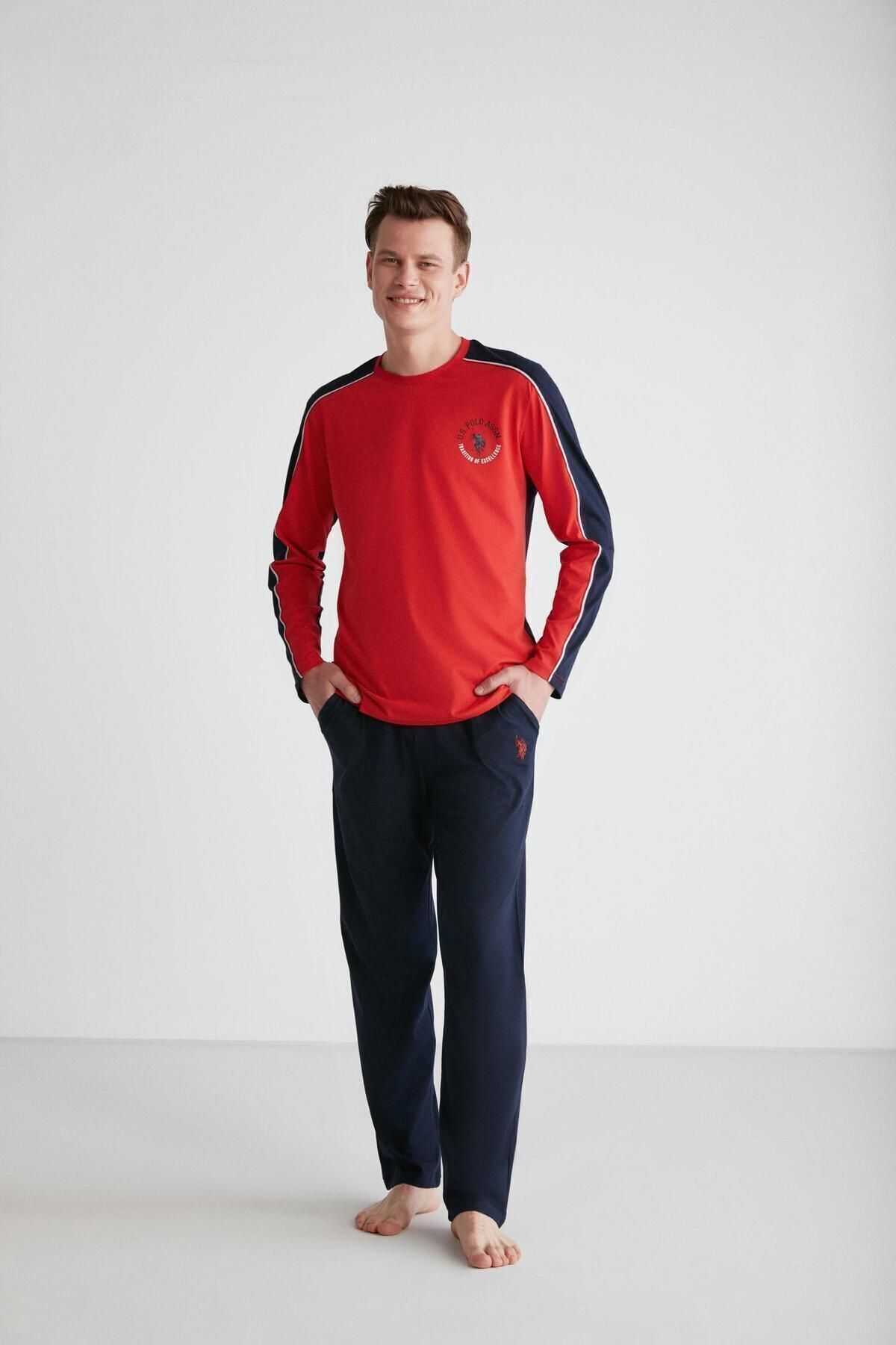 U.S. Polo Assn. Erkek Pamuklu Kırmızı Düz Paça Kışlık Pijama Takımı