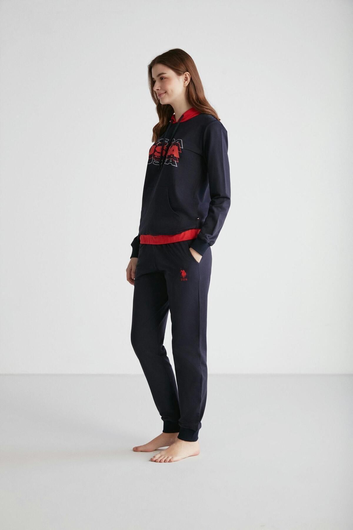 U.S. Polo Assn. Kadın %100 Pamuklu Lacivert & Kırmızı Kapüşonlu Dar Paça Sweatshirt-Eşofman Altı 2'li Pijama Takımı