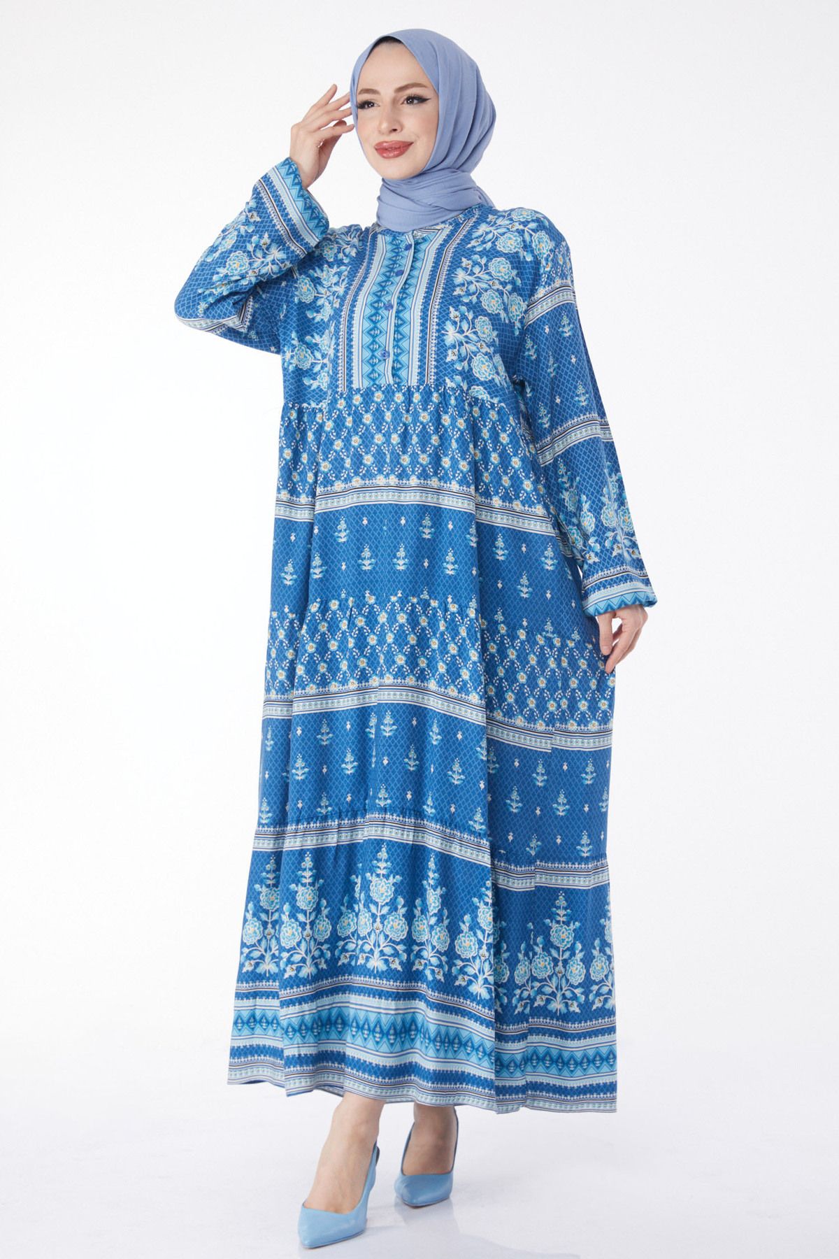 TOFİSA Düz Hakim Yaka Kadın Mavi Desenli Düğmeli Elbise - 24747