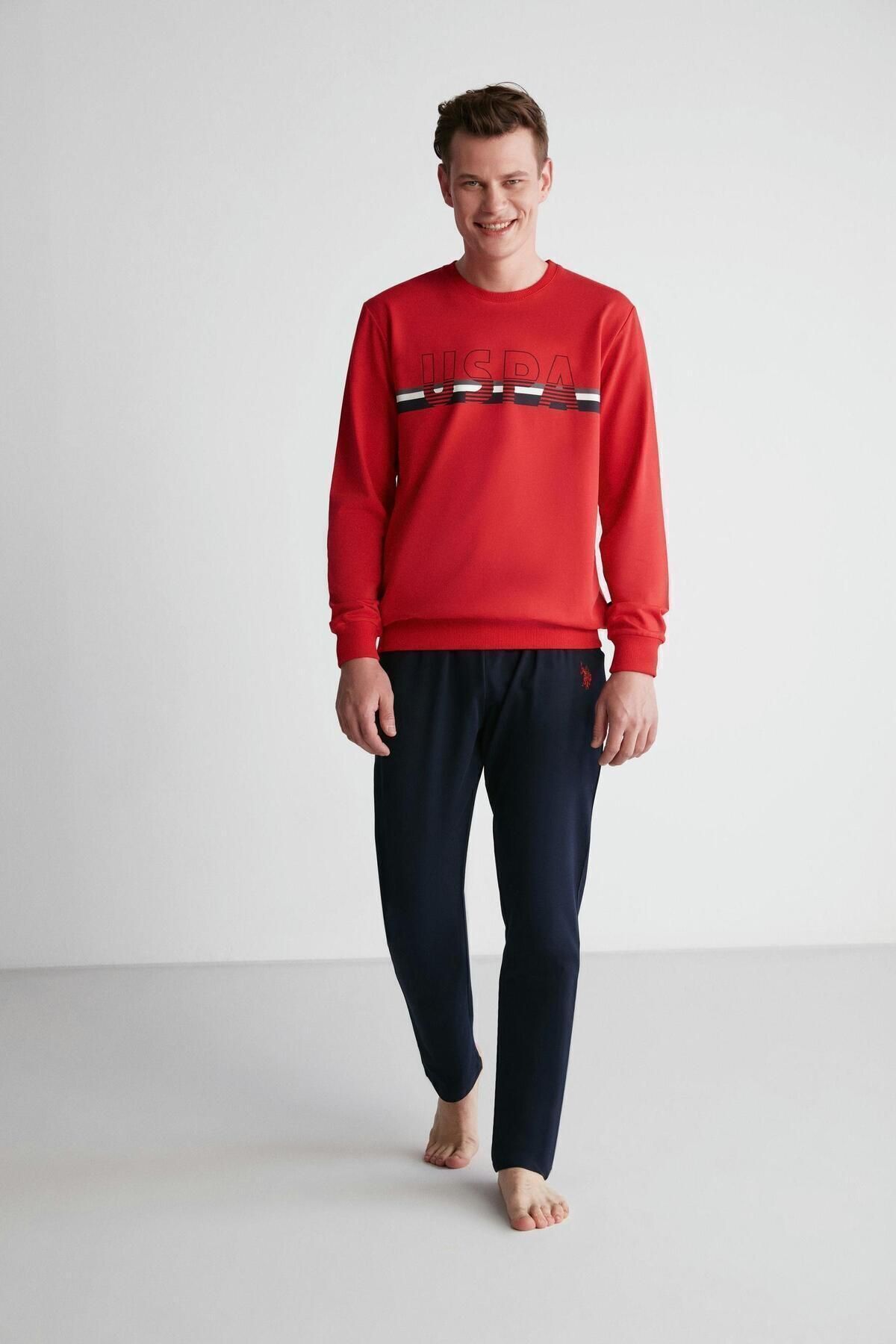 U.S. Polo Assn. Erkek Pamuklu Kırmızı Sweatshirt-Eşofmanaltı Düz Paça Pijama Takımı