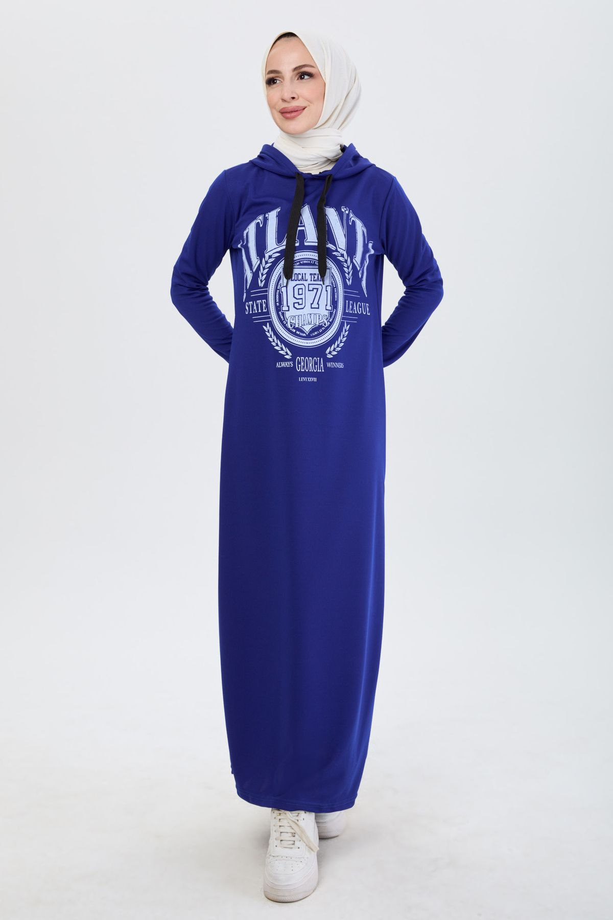 TOFİSA Düz Kapşonlu Yaka Kadın Mavi Elbise - 13086