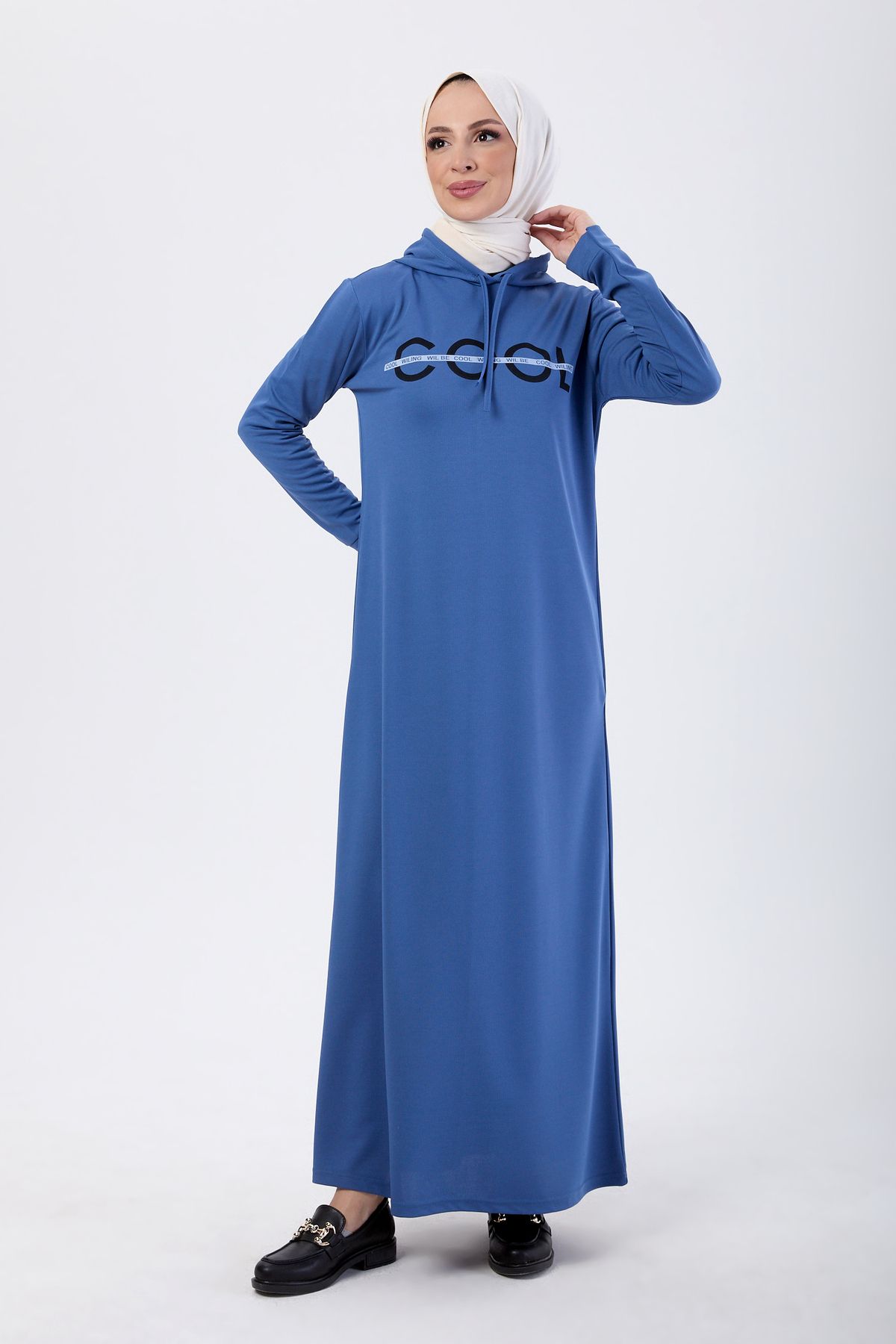 TOFİSA Düz Kapşonlu Yaka Kadın Mavi Elbise - 13089
