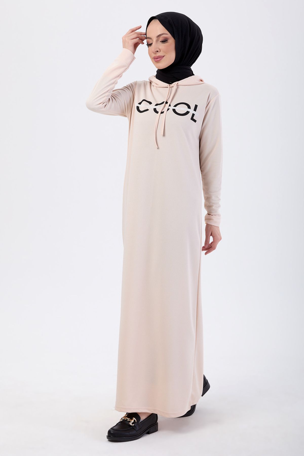 TOFİSA Düz Kapşonlu Yaka Kadın Bej Elbise - 13089