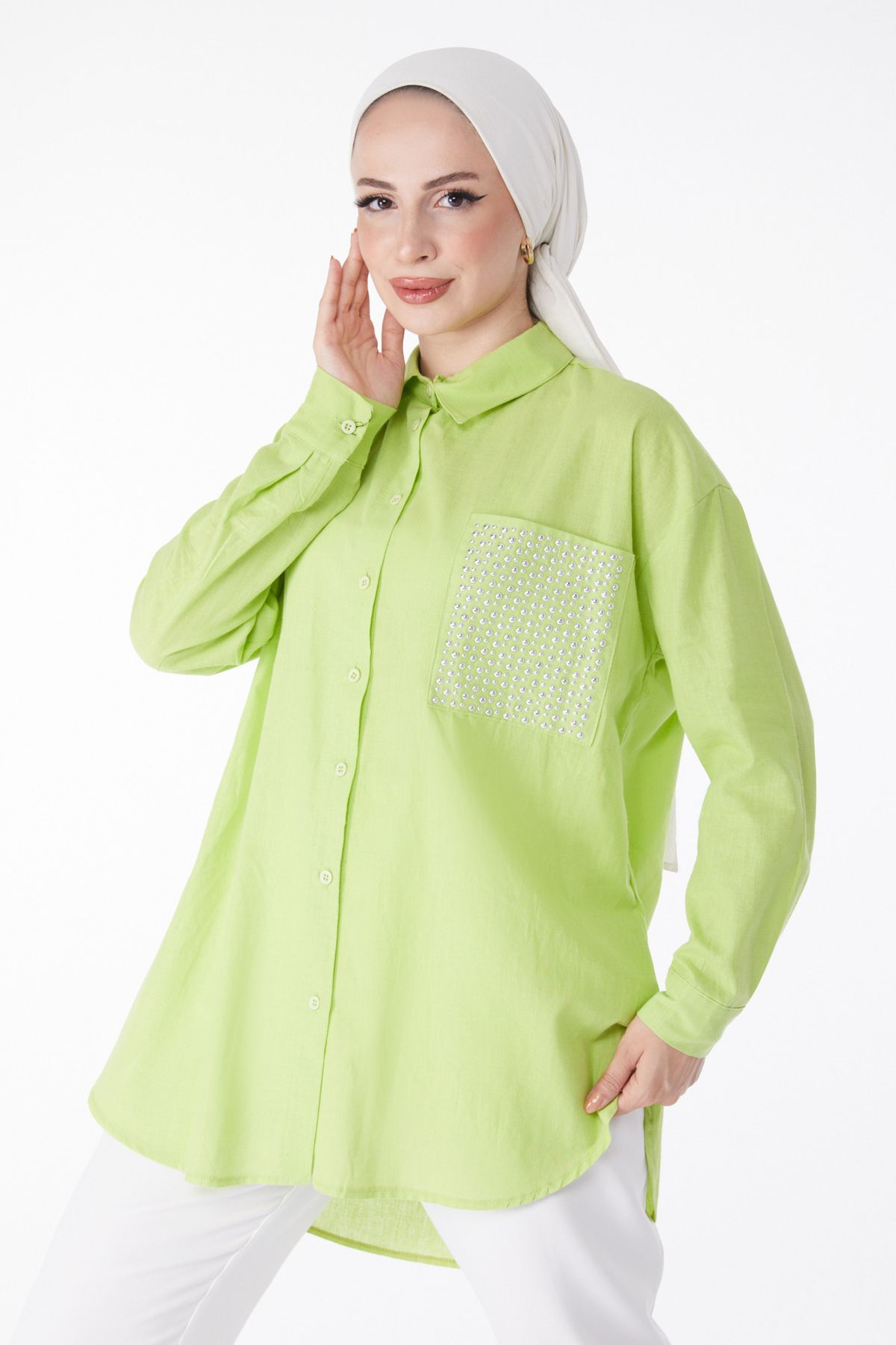 TOFİSA Düz Gömlek Yaka Kadın Yeşil Cep Taş Detaylı Tunik - 13168
