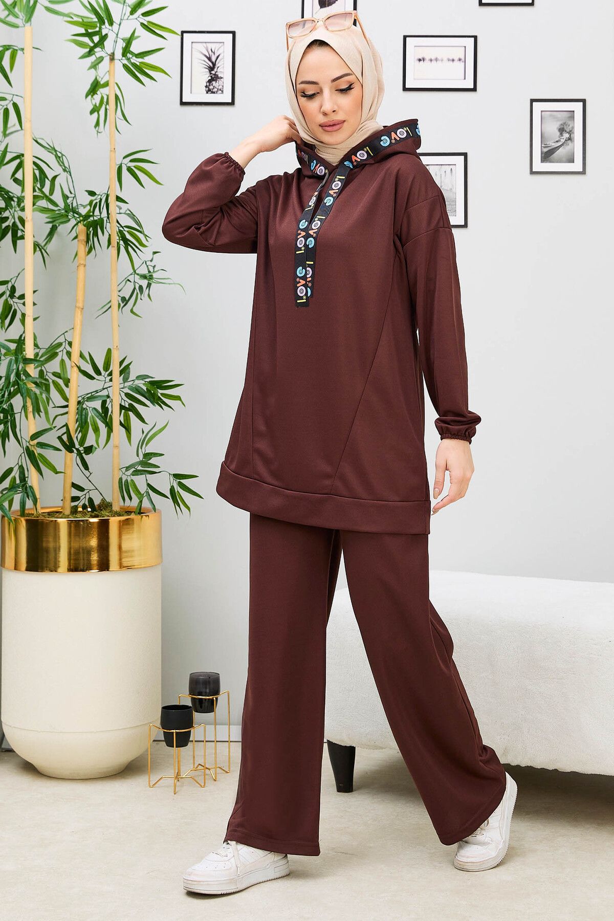 TOFİSA Düz Orta Kadın Kahverengi Tunik Pantolon - 11056
