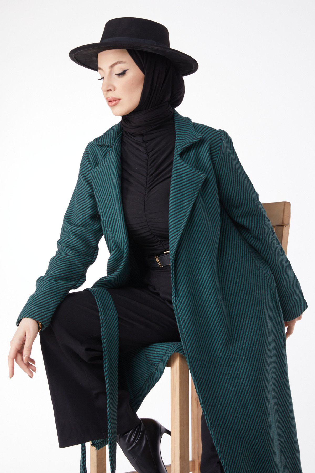 TOFİSA Düz Ceket Yaka Kadın Yeşil Kuşaklı Kaşe Kaban - 13115