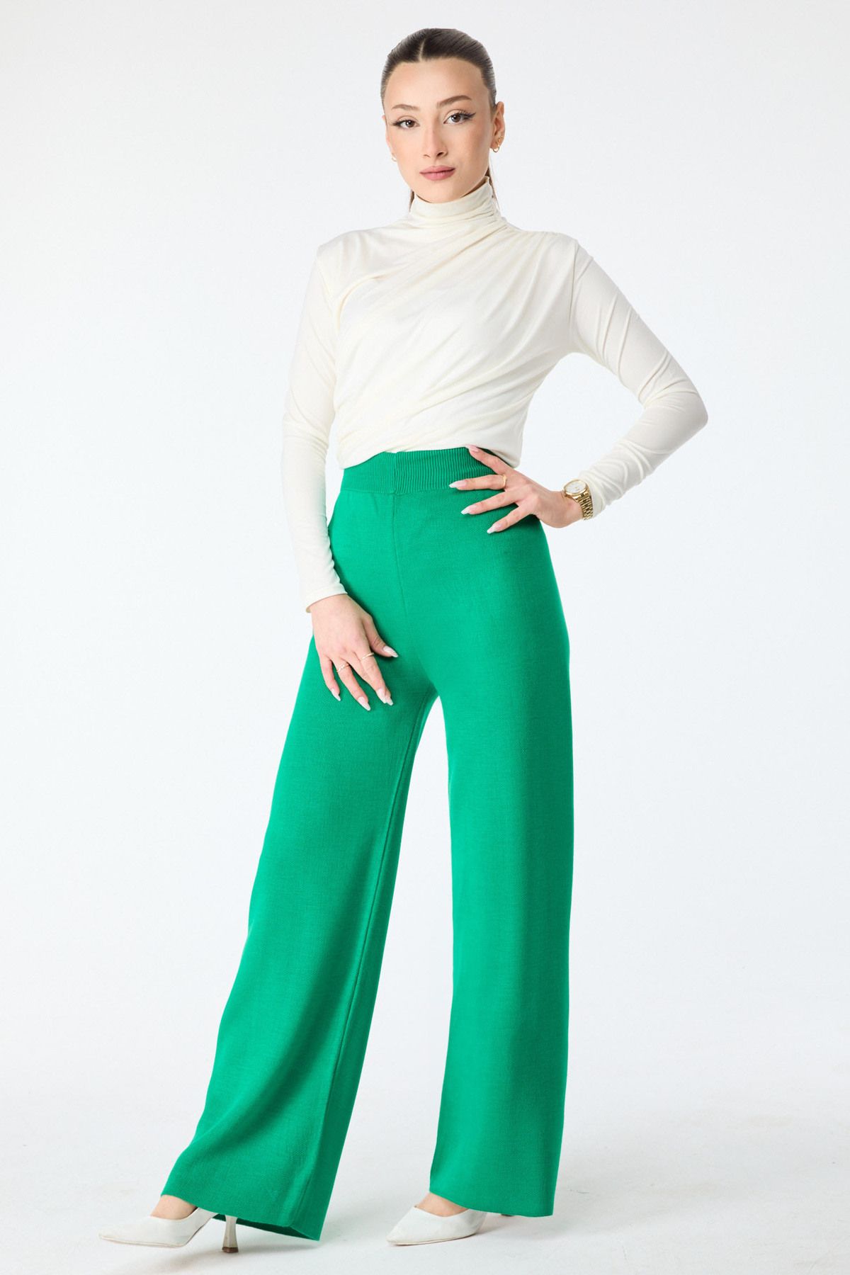 TOFİSA Düz Orta Kadın Yeşil Triko Pantolon - 24160