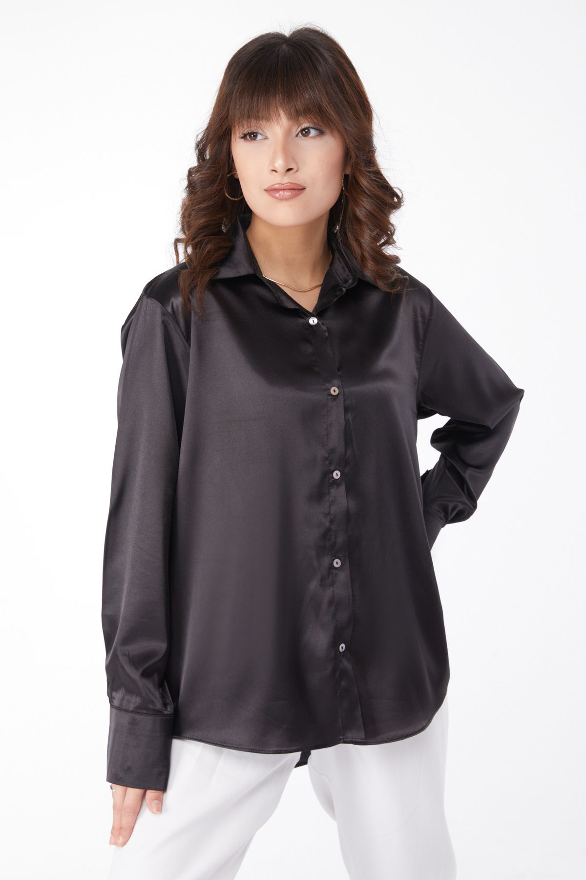 TOFİSA Düz Gömlek Yaka Kadın Siyah Saten Gömlek - 25038
