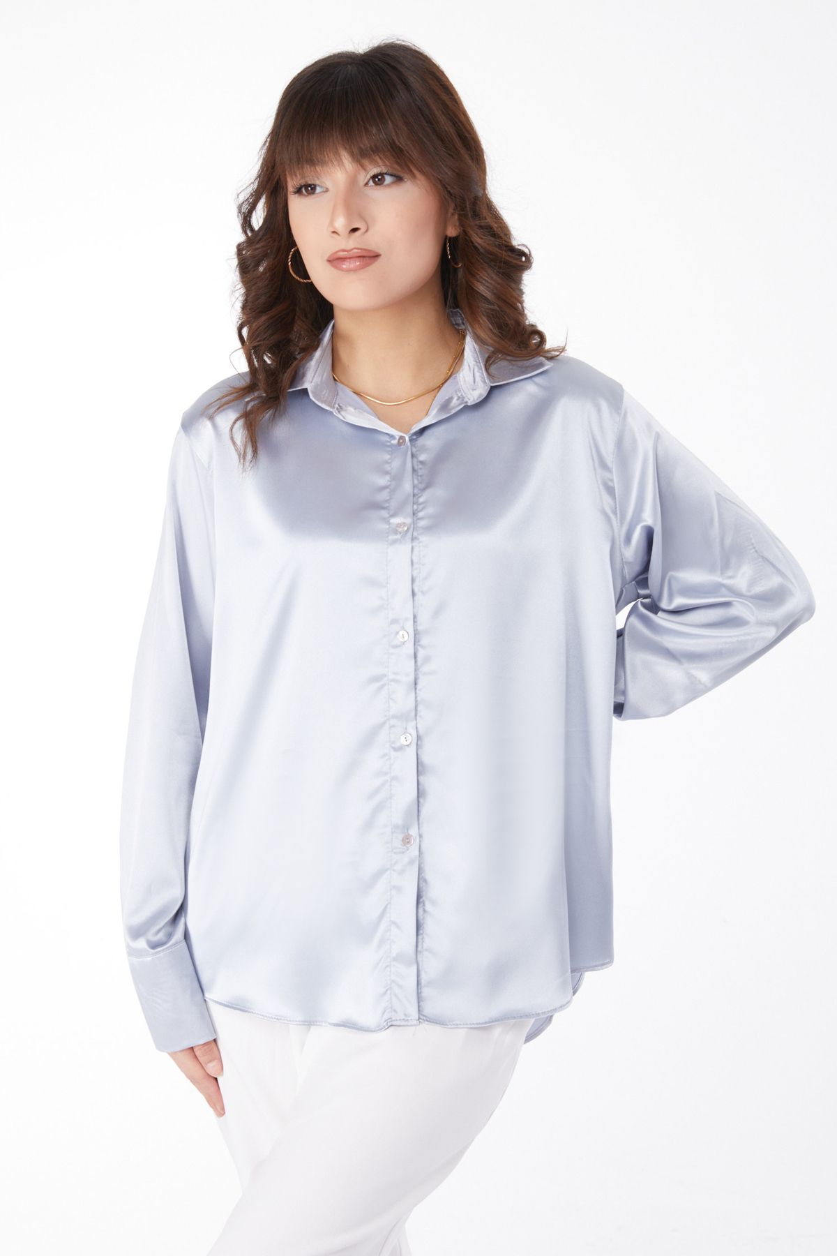 TOFİSA Düz Gömlek Yaka Kadın Gri Saten Gömlek - 25038