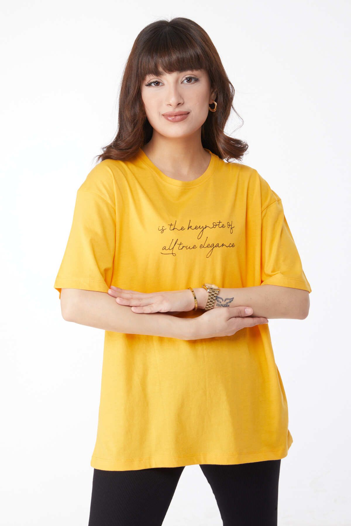 TOFİSA Düz Bisiklet Yaka Kadın Sarı Baskılı T-shirt - 25169