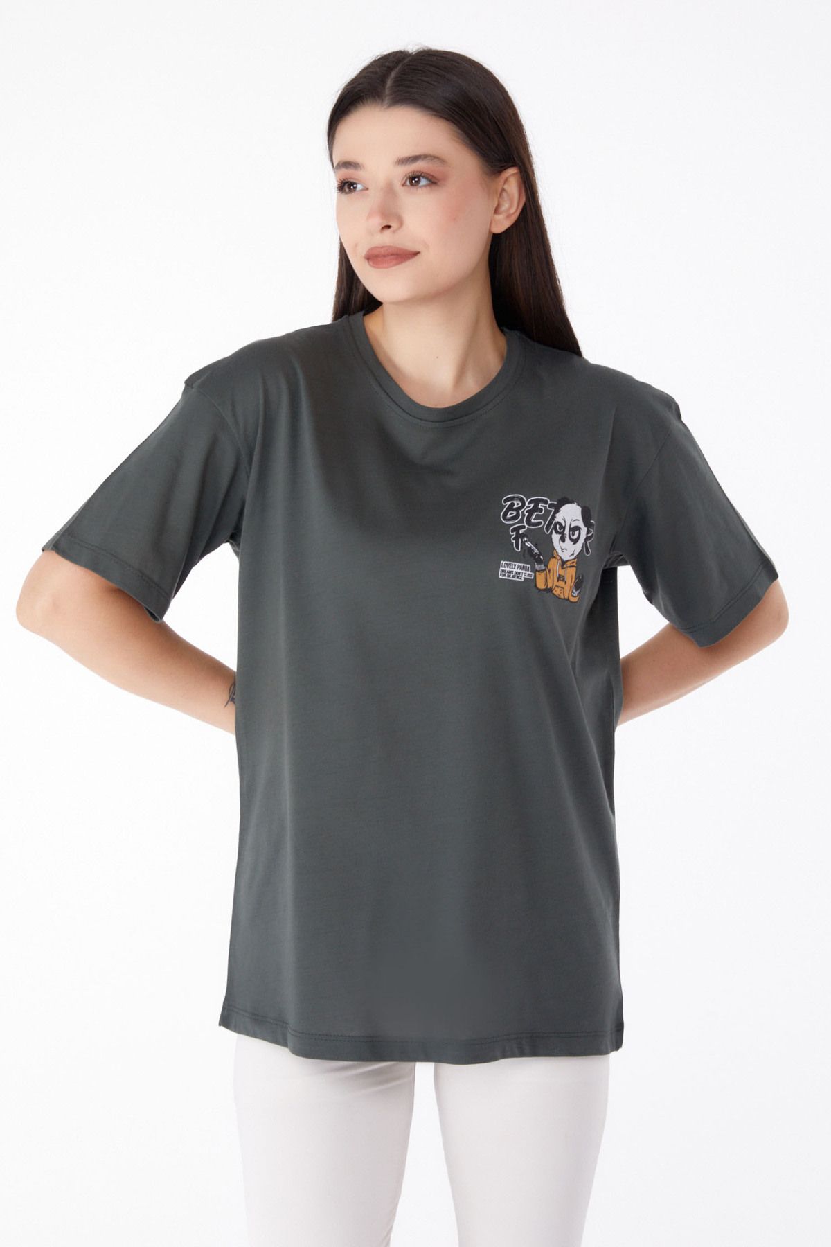 TOFİSA Düz Bisiklet Yaka Kadın Haki Baskılı T-shirt - 25286