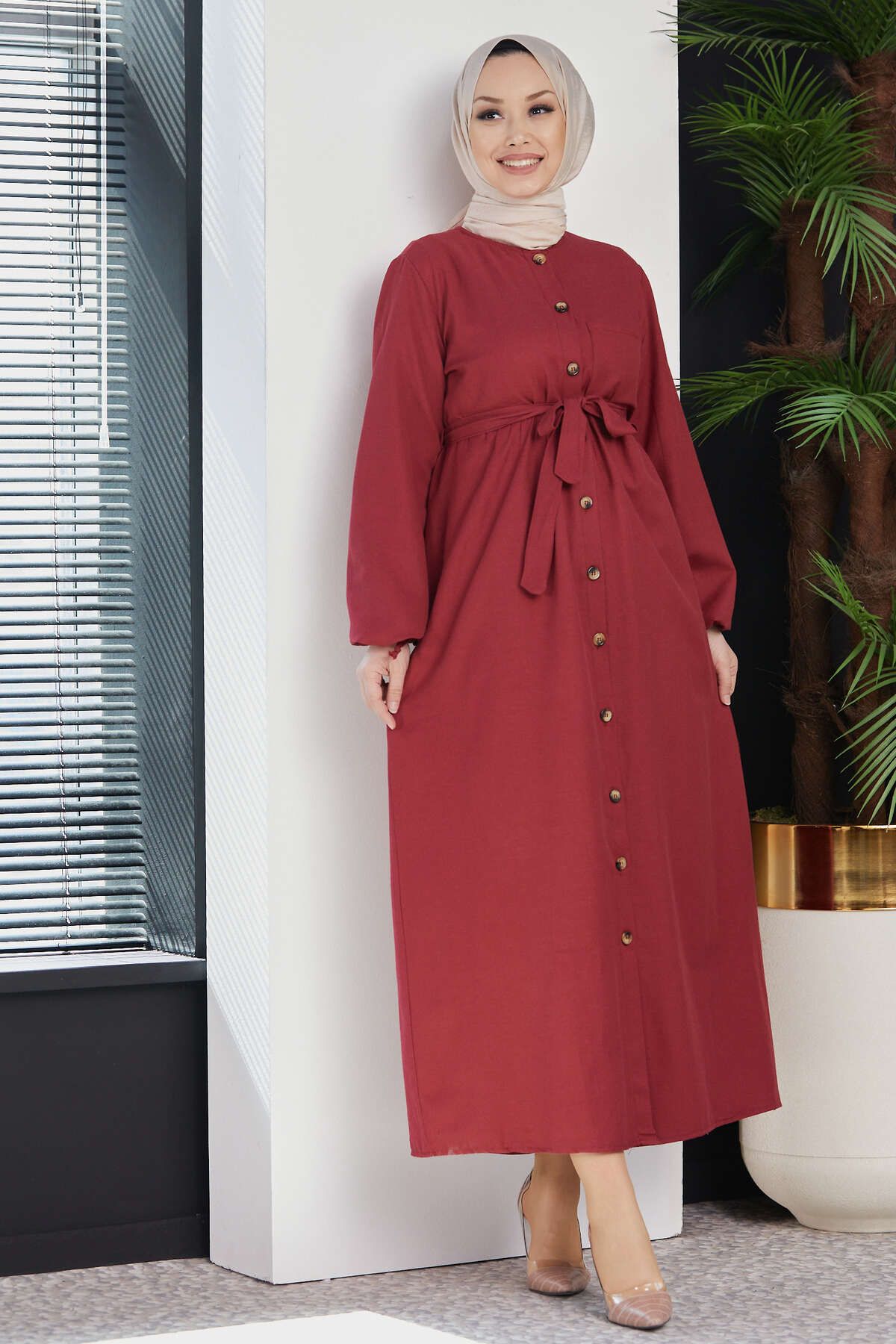 TOFİSA Düz Orta Kadın Bordo Elbise - 3558