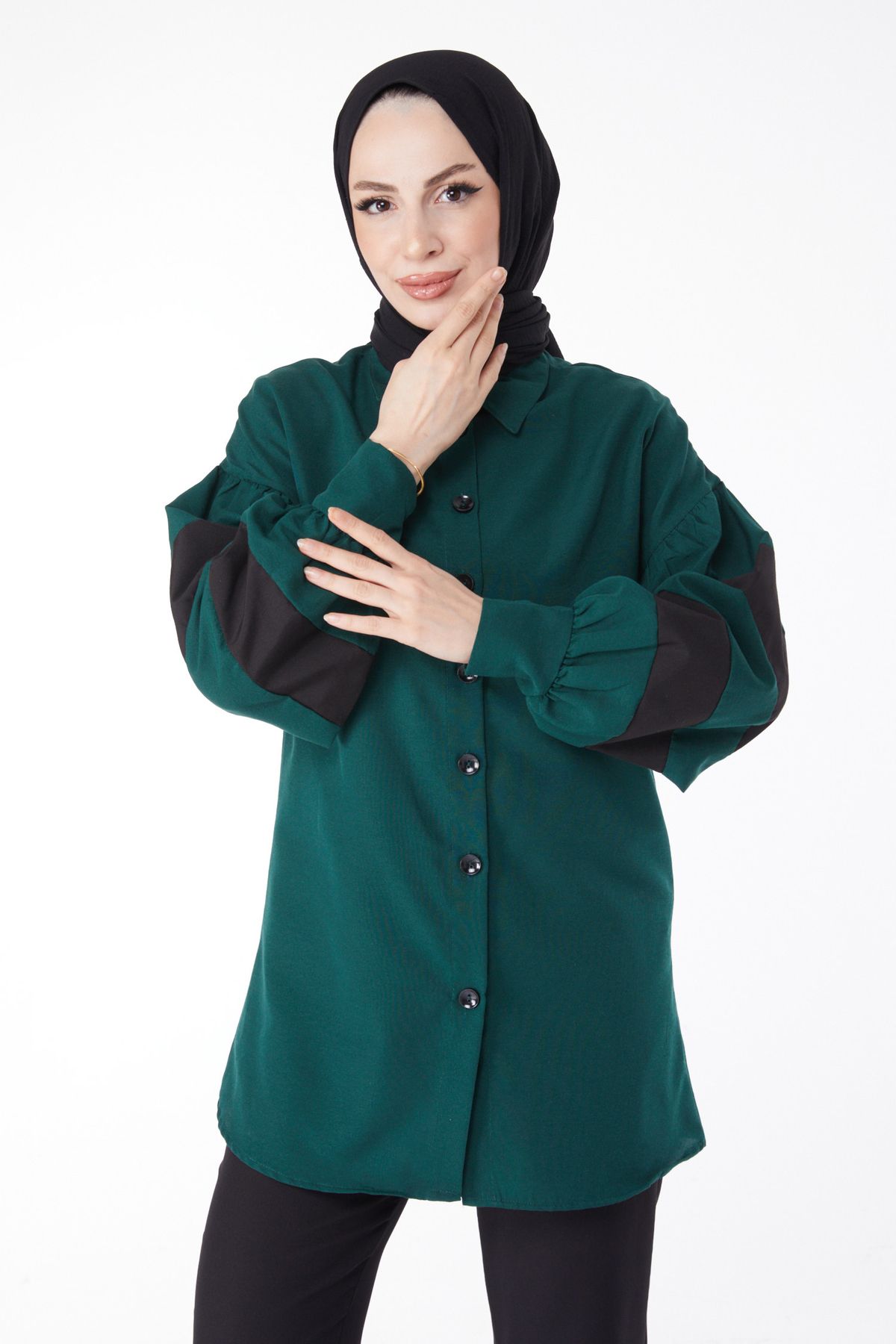 TOFİSA Düz Gömlek Yaka Kadın Yeşil Balon Kollu Garnili Tunik - 13158