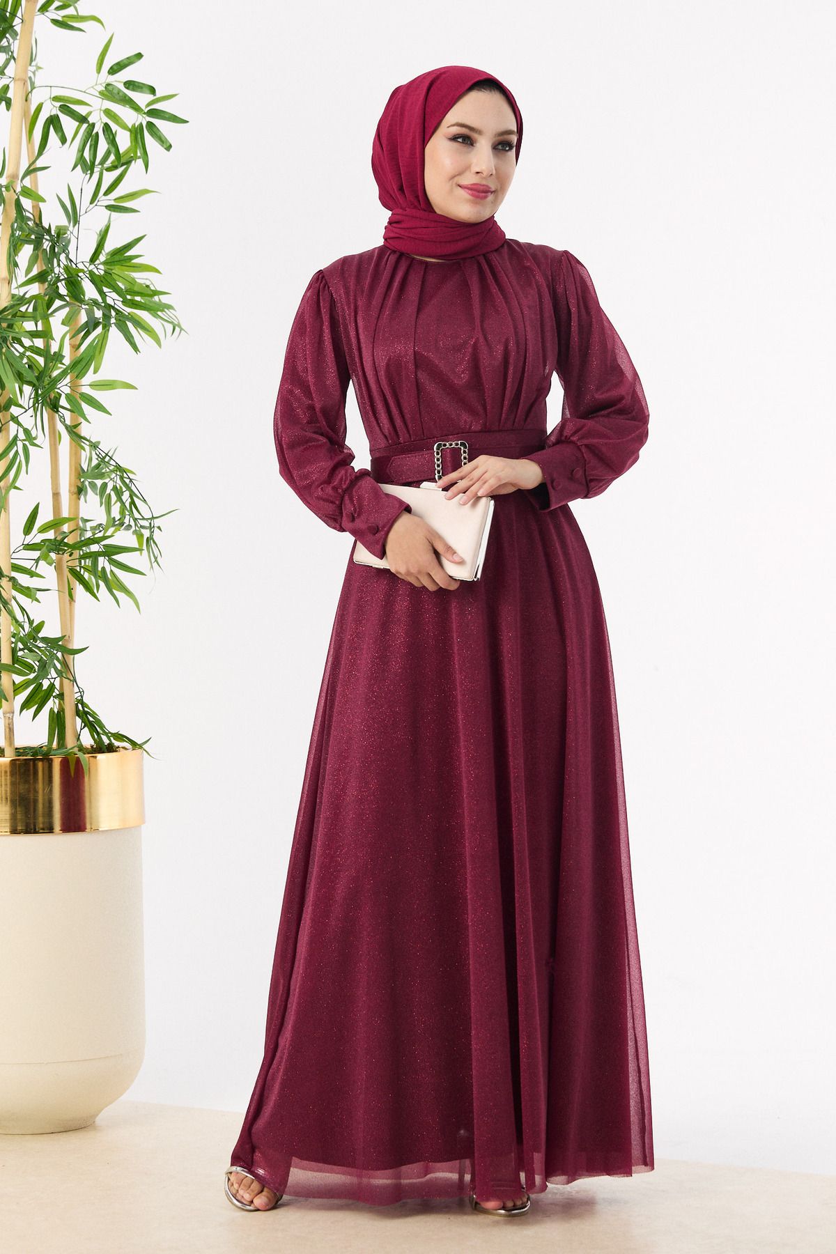 TOFİSA Düz Orta Kadın Bordo Abiye Elbise - 11005