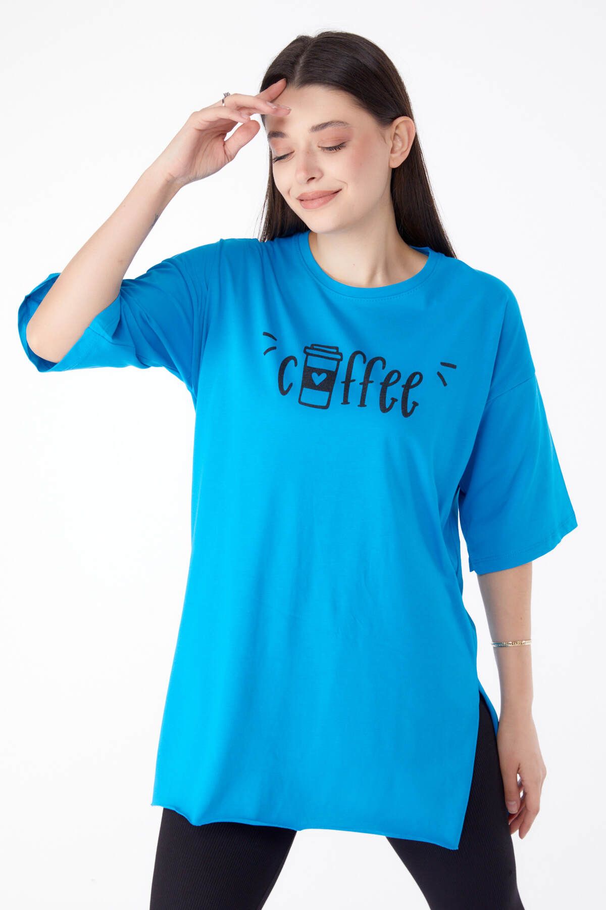 TOFİSA Düz Bisiklet Yaka Kadın Mavi Baskılı T-shirt - 25302