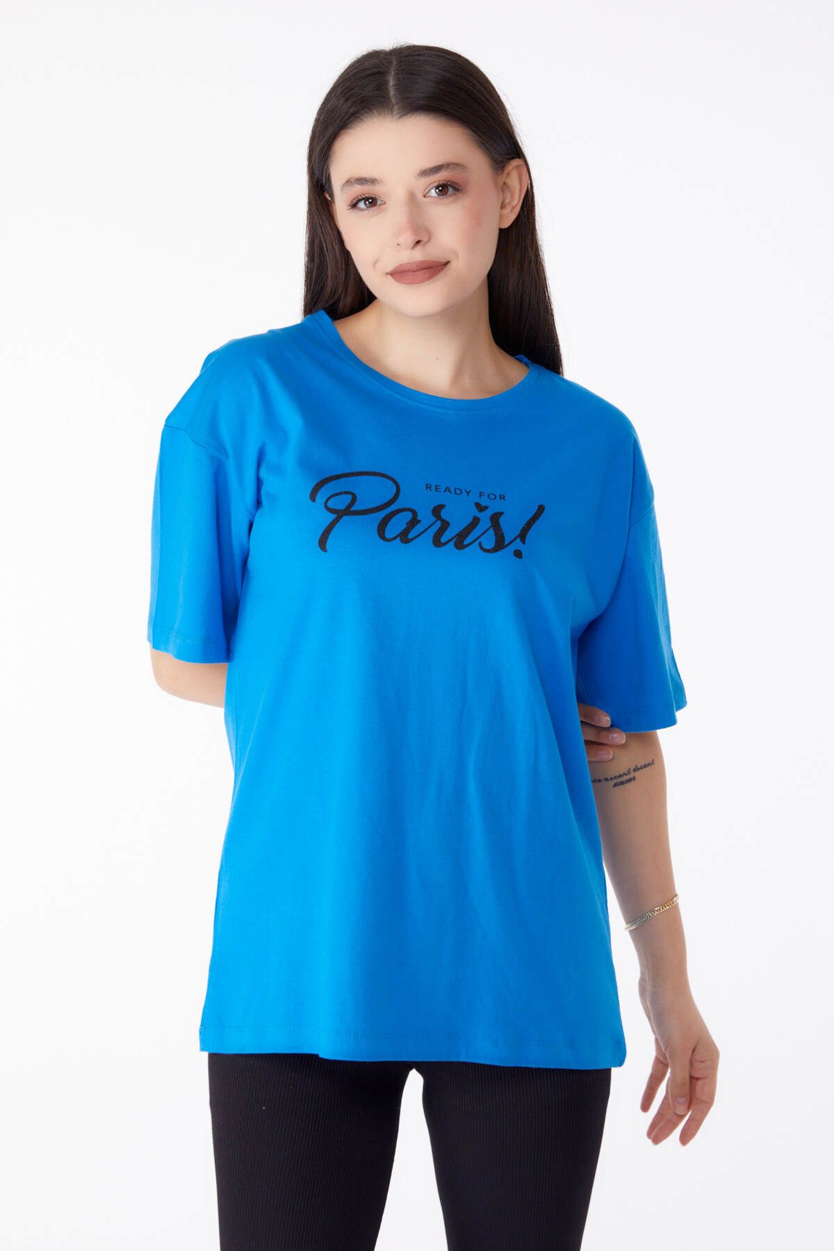 TOFİSA Düz Bisiklet Yaka Kadın Mavi Baskılı T-shirt - 25298