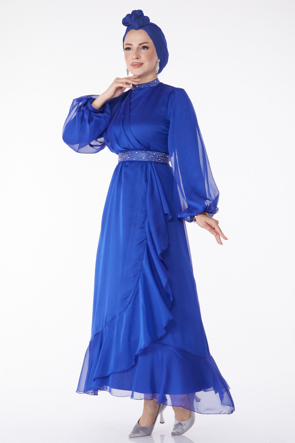 TOFİSA Düz Hakim Yaka Kadın Mavi Taş Detaylı Abiye Elbise - 25129