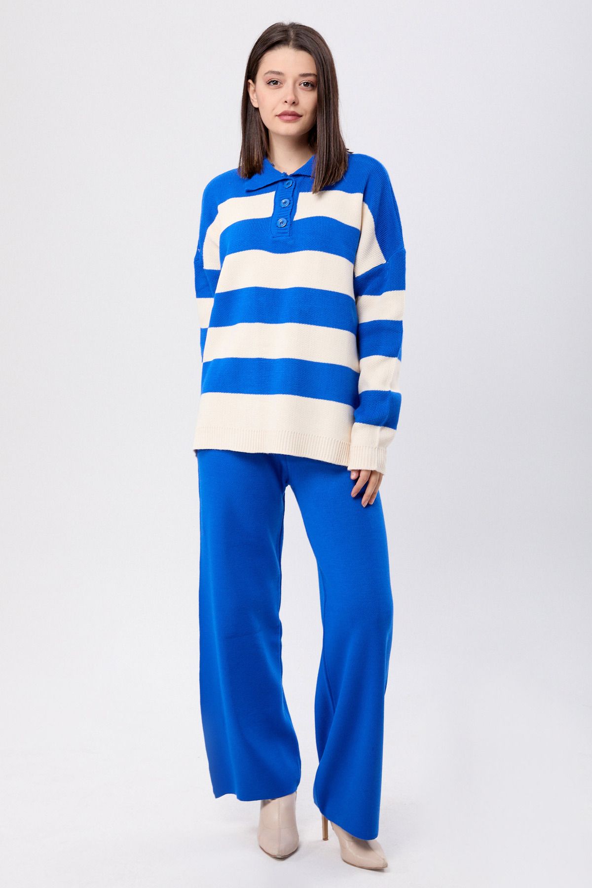 TOFİSA Düz Gömlek Yaka Kadın Mavi Triko Tunik Pantolon - 23895