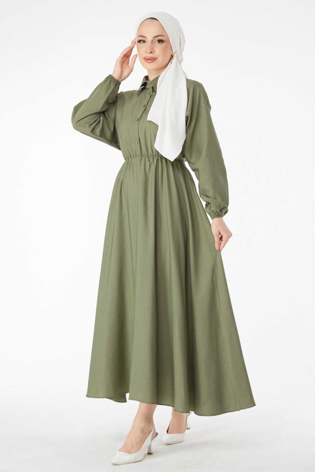 TOFİSA Düz Gömlek Yaka Kadın Haki Beli Lastikli Elbise - 24526