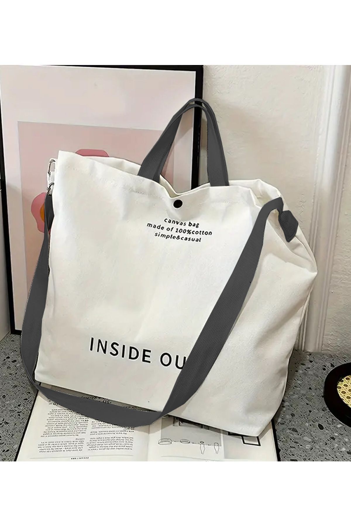 DE PLEIN Inside Out Kolay Kombin Organik Kanvas Tote Omuz Çantası Bej Qadın Çantaları Tote Bag