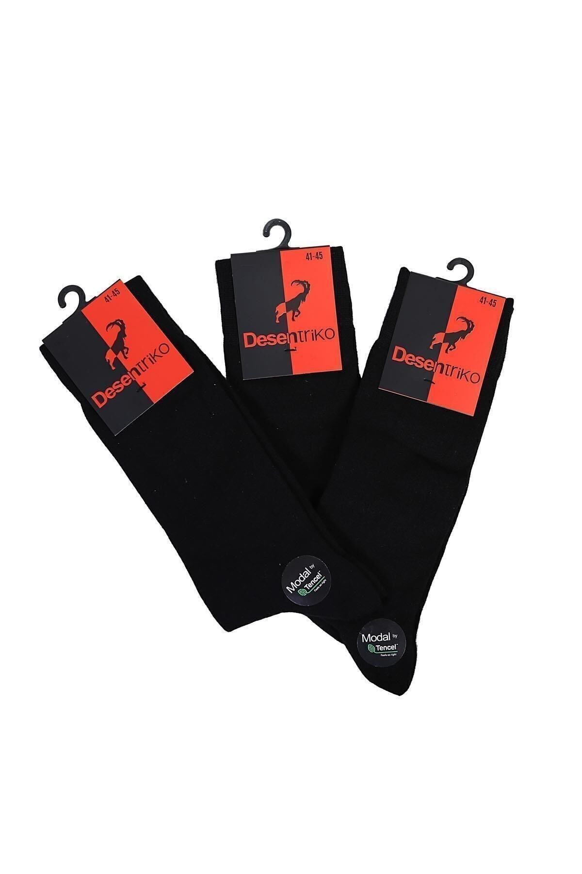 Desen Triko Erkek Düz Renk Modal 3'lü Soket Çorap Siyah