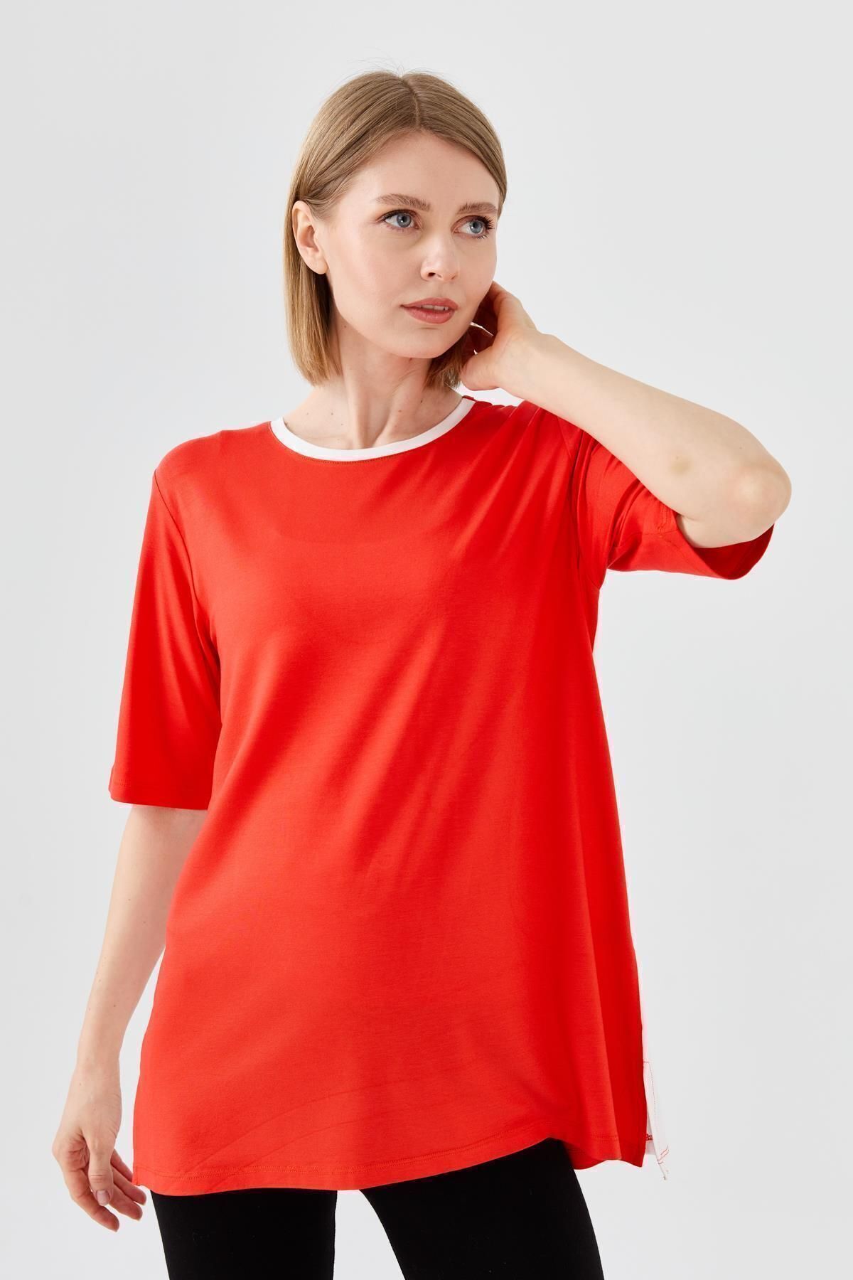 Desen Triko Kadın Sıfır Yaka Penye T-shirt Oranj