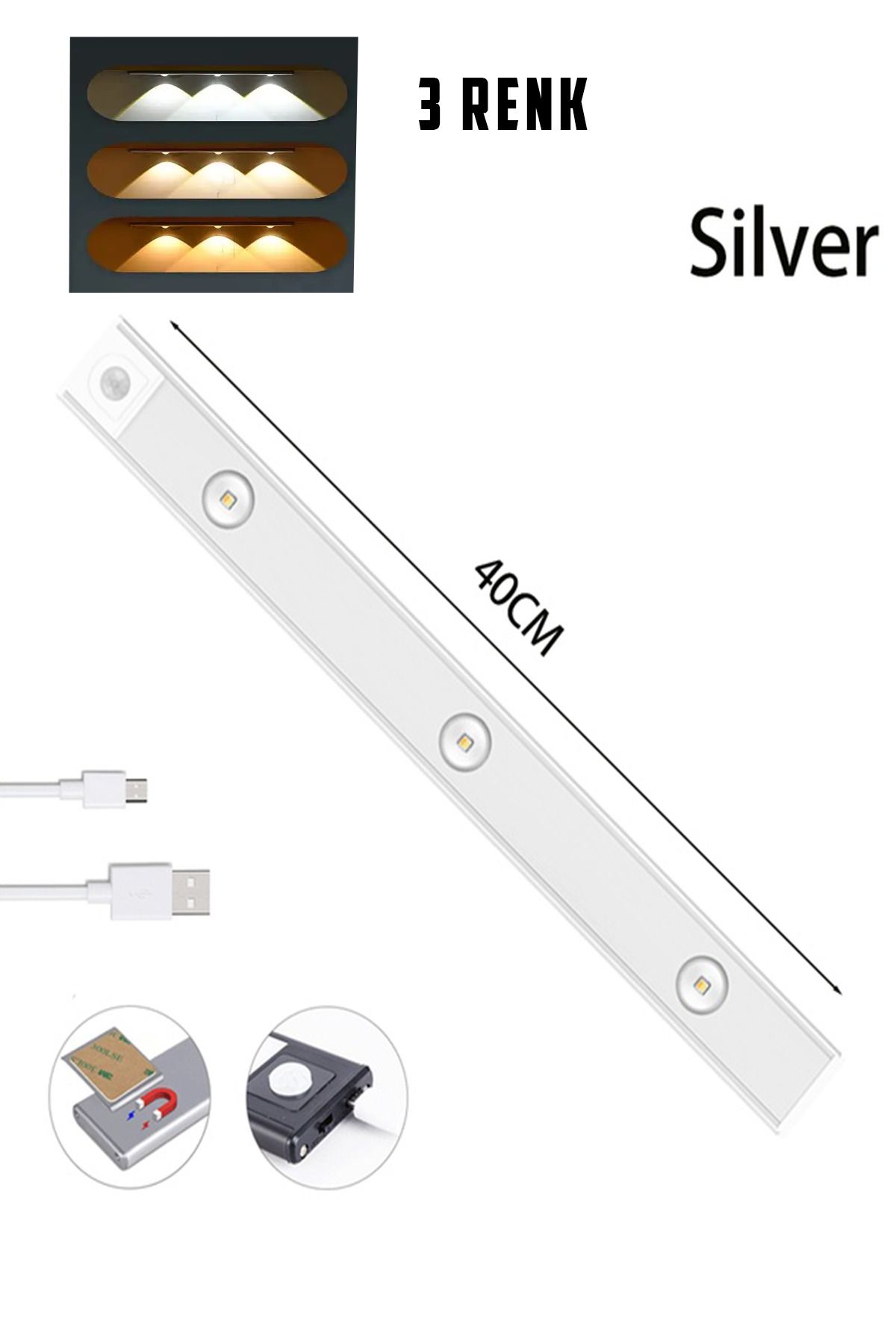 ledalemi Mutfak Dolap Altı Lambası Hareket Sensörlü Led Aydınlatma Usb Ile Şarj Edilebilir 40 Cm