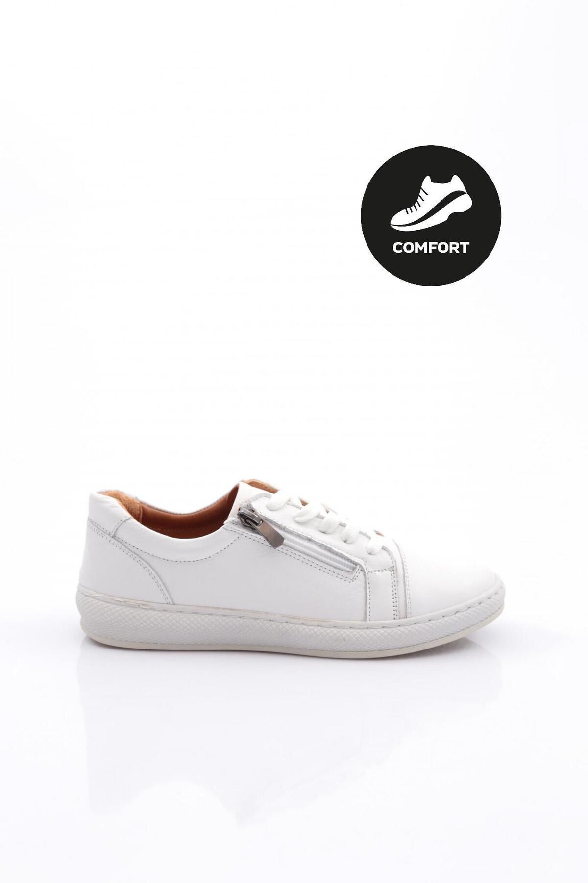 Dgn 2014-1-23y Kadın Bağcıklı Yanı Fermuar Detaylı Comfort Ayakkabı Hakiki Deri Beyaz