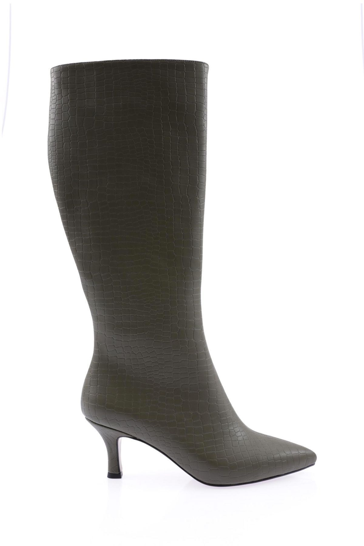Dgn K300-22k Kadın Sivri Burun Topuklu Çizme Haki Kroko