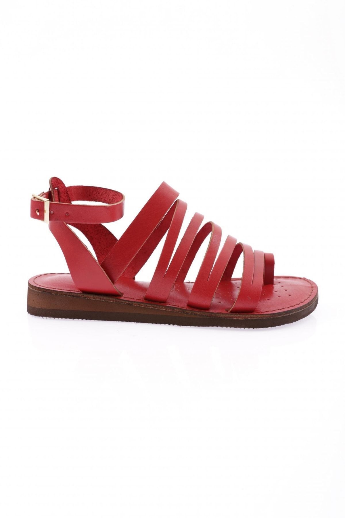 Dgn 161-22y Kadın Parmak Arasi Üzeri Bantlı Bilekten Bağli Sandalet Hakiki Deri Kırmızı