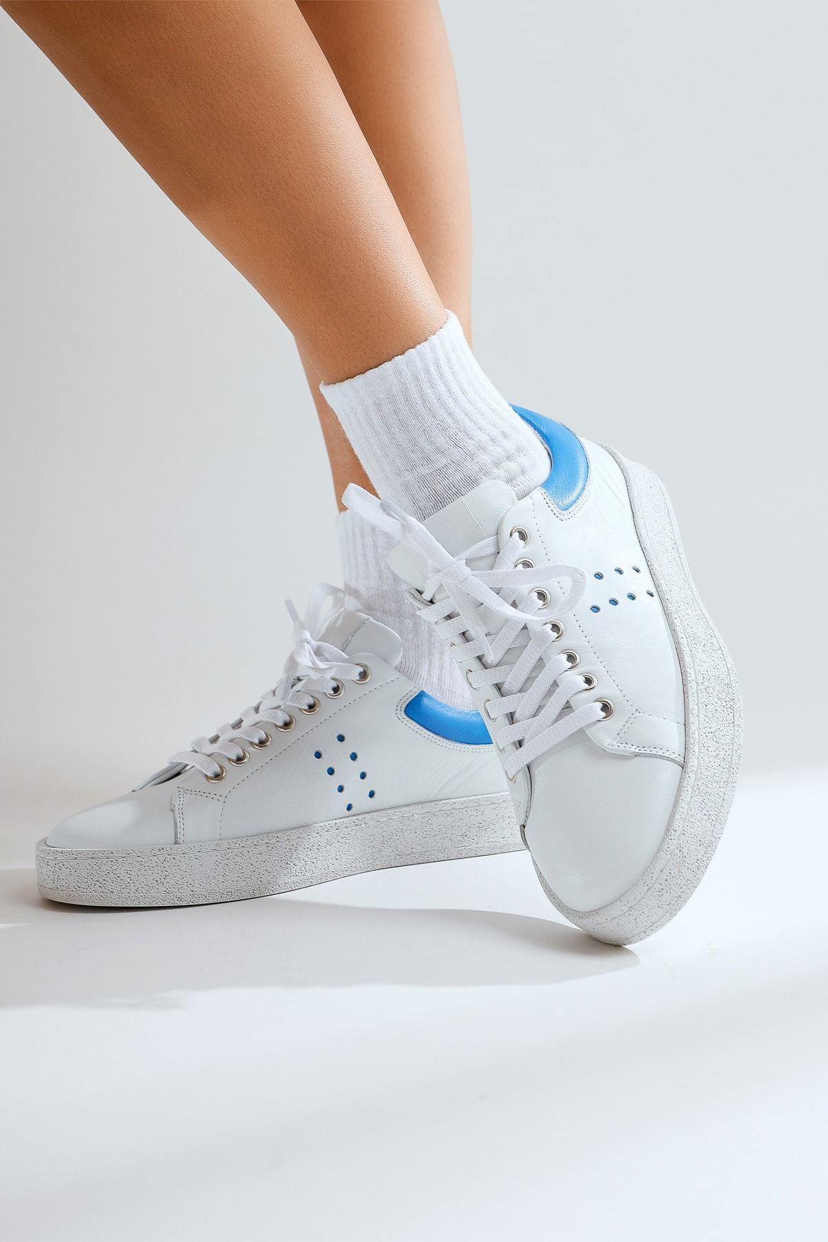 Limoya Hakiki Deri Willy Beyaz Mavi Sneakers Spor Ayakkabı