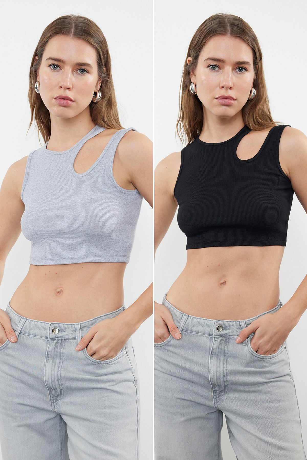 TRENDYOLMİLLA Siyah-gri melanj 2'li Paket Cut Out Detaylı Fitted Crop Fitilli Esnek Örme Atlet TWOSS23AL00006