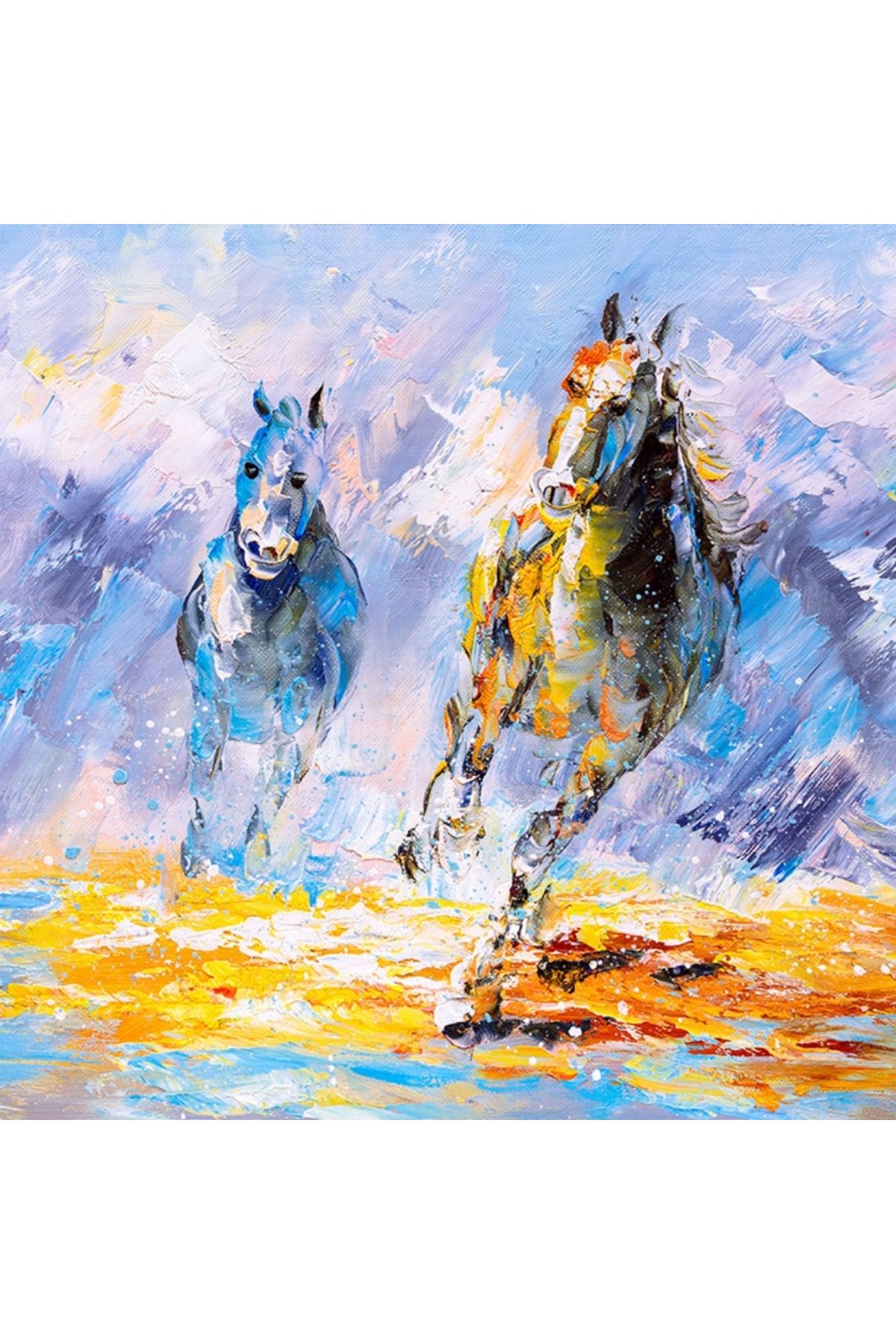 Karkissa Dörtnala İki At Sarı ve Mavi Tonlarda Yağlıboya Kanvas Tablo 50 x 70