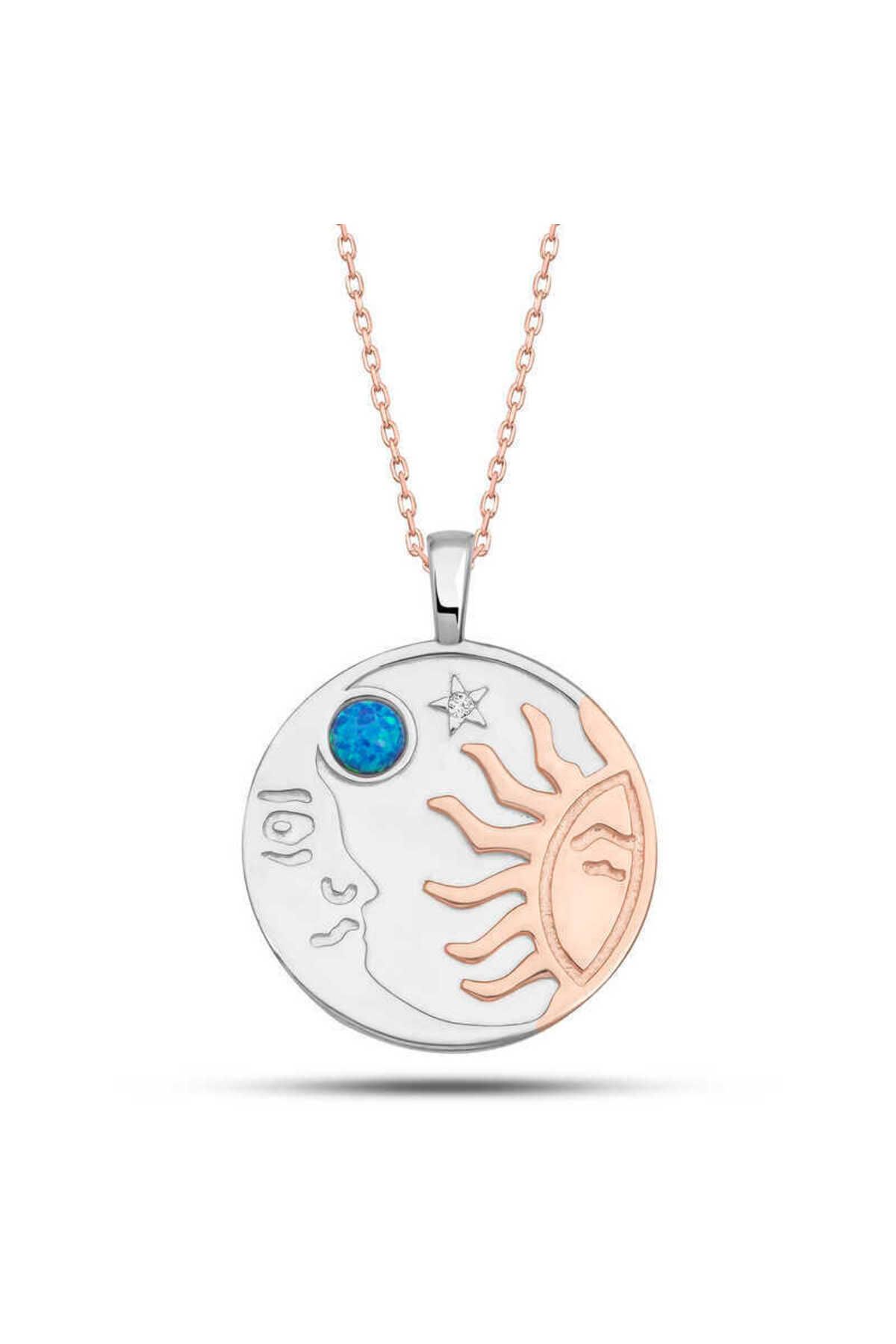 Genel Markalar 925 Ayar Gümüş Rose Opal Mavi Taşlı Ay Güneş Kadın Kolye