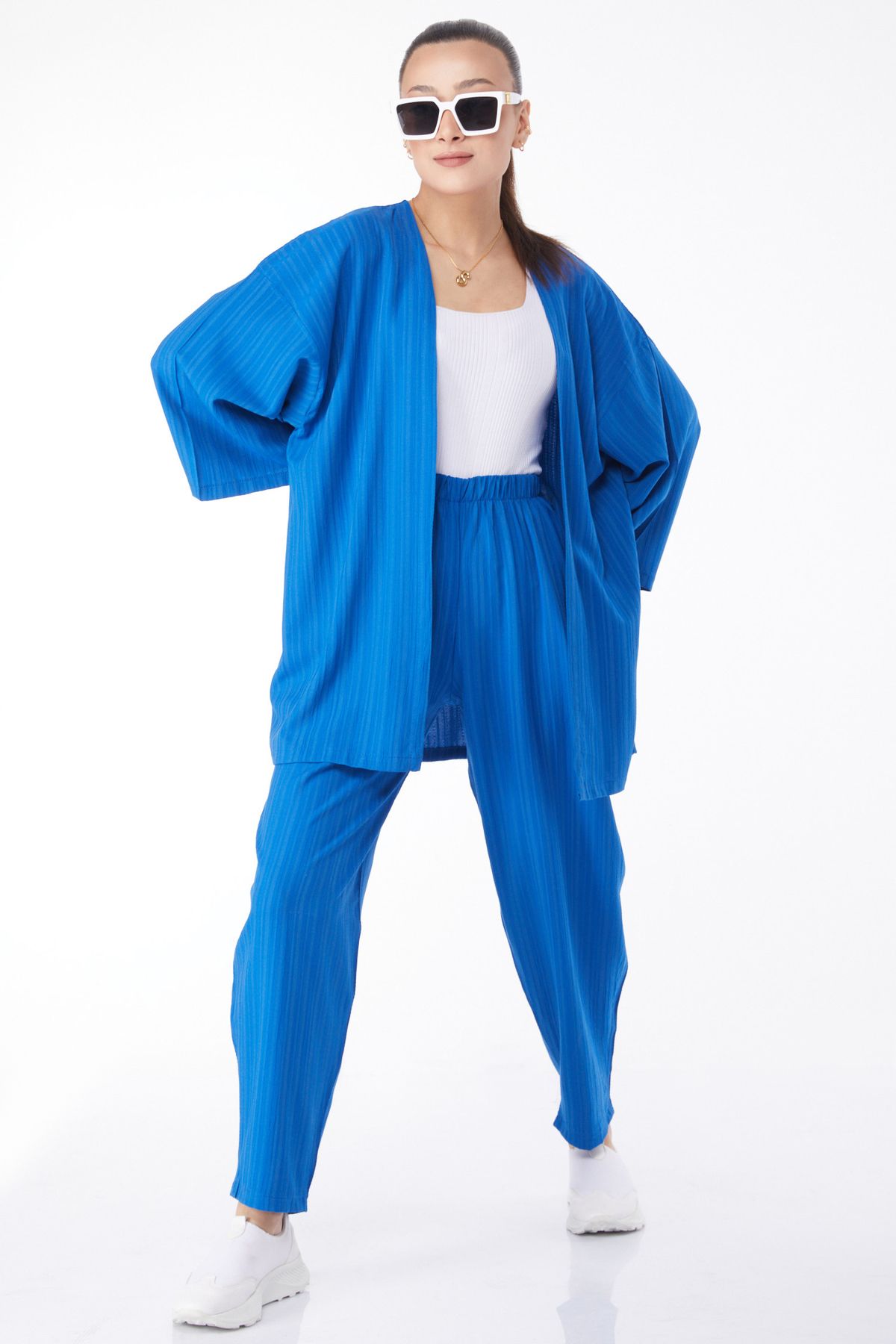 TOFİSA Düz Ceket Yaka Kadın Mavi Kimono Pantolon Ikili Takım - 24679