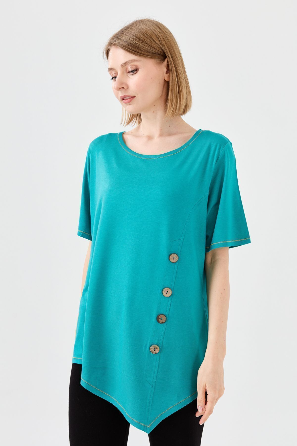 Desen Triko Kadın Sıfır Yaka Önü Ahşap Düğmeli Penye T-shirt Yeşil