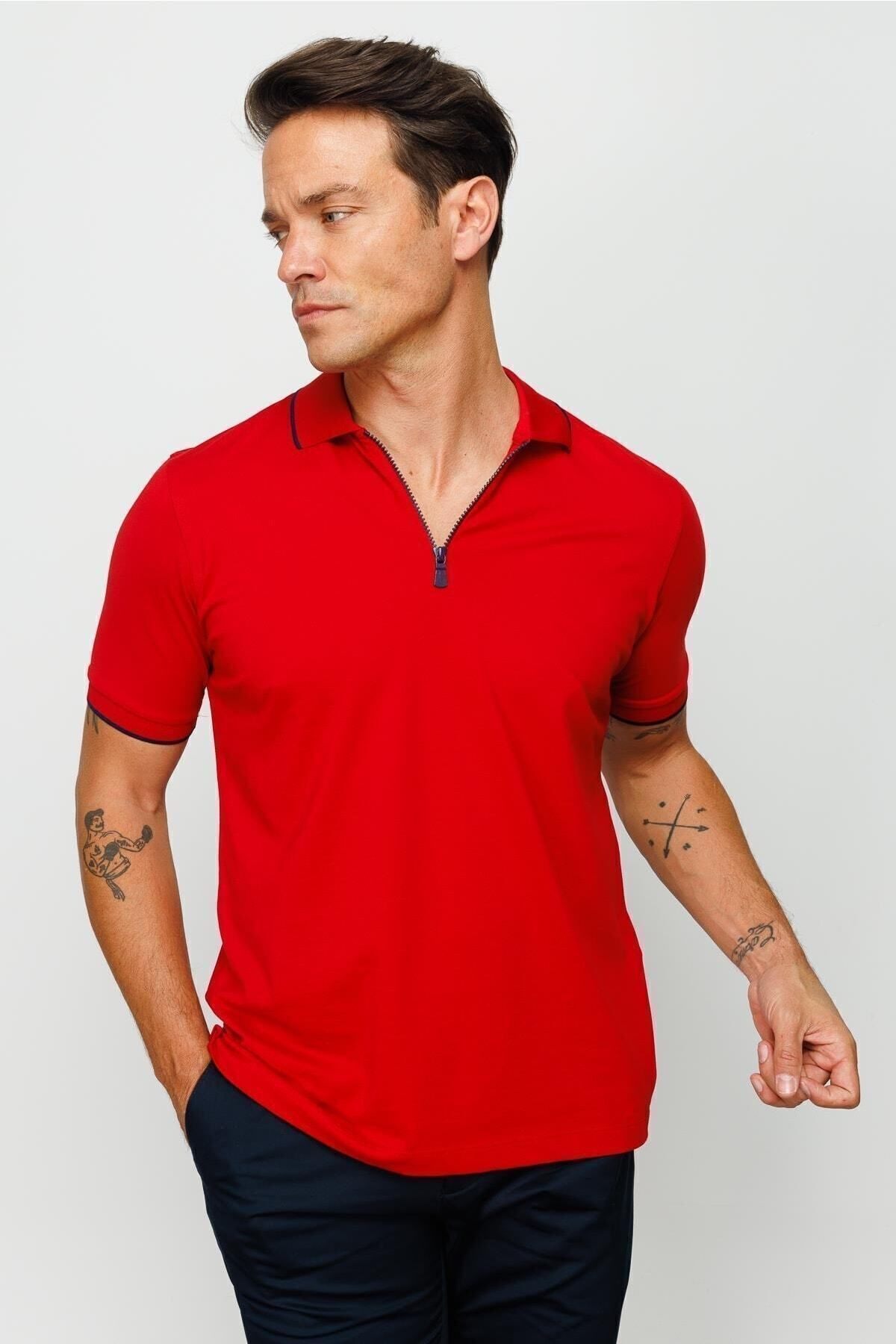 Desen Triko Erkek Fermuarlı Polo Yaka T-shirt Kırmızı