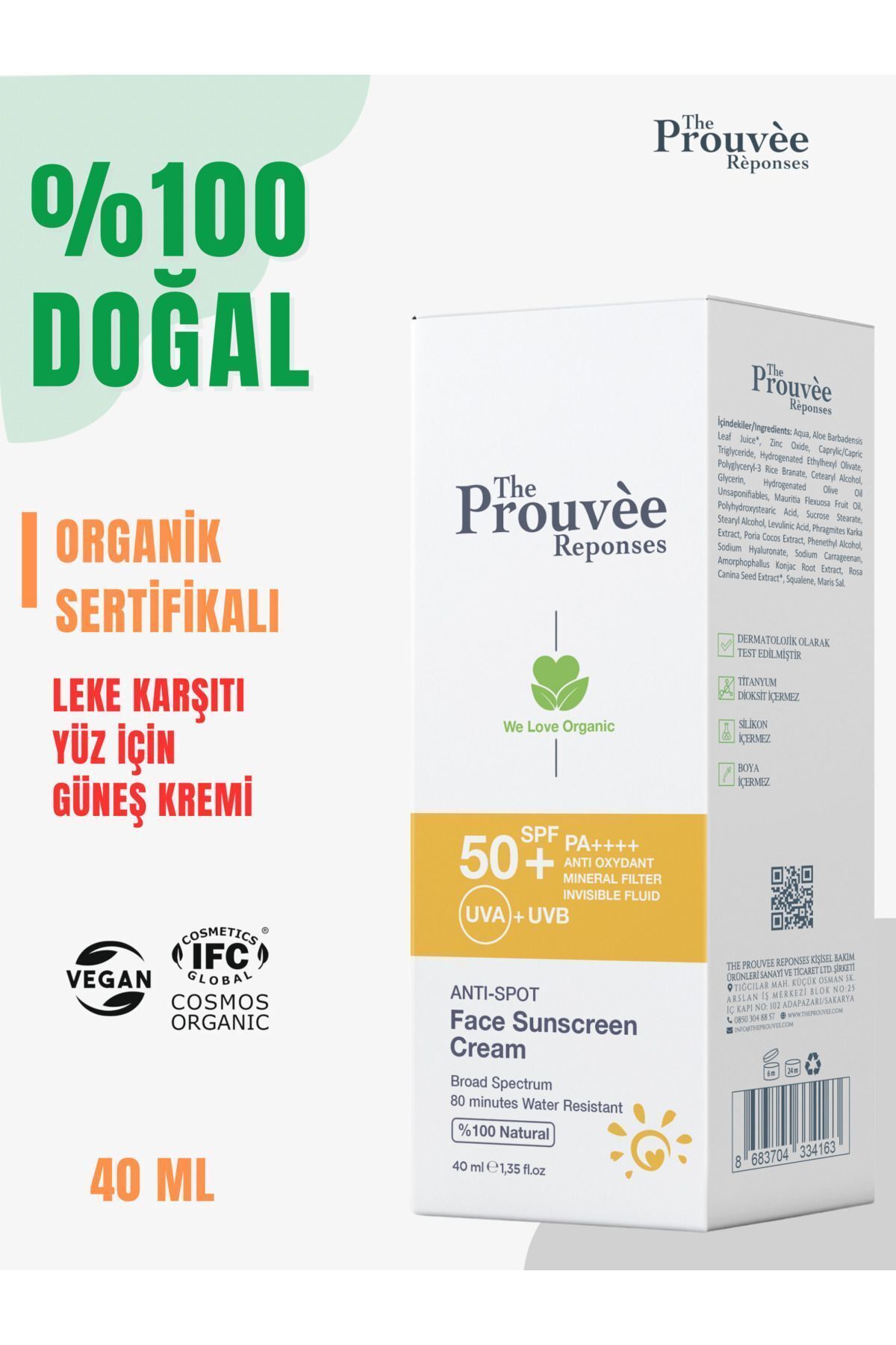 The Prouvee Reponses %100 Doğal 50+SPF Anti-Spot Leke Karşıtı Yüz için Organik Güneş Koruyucu Krem 40 ml