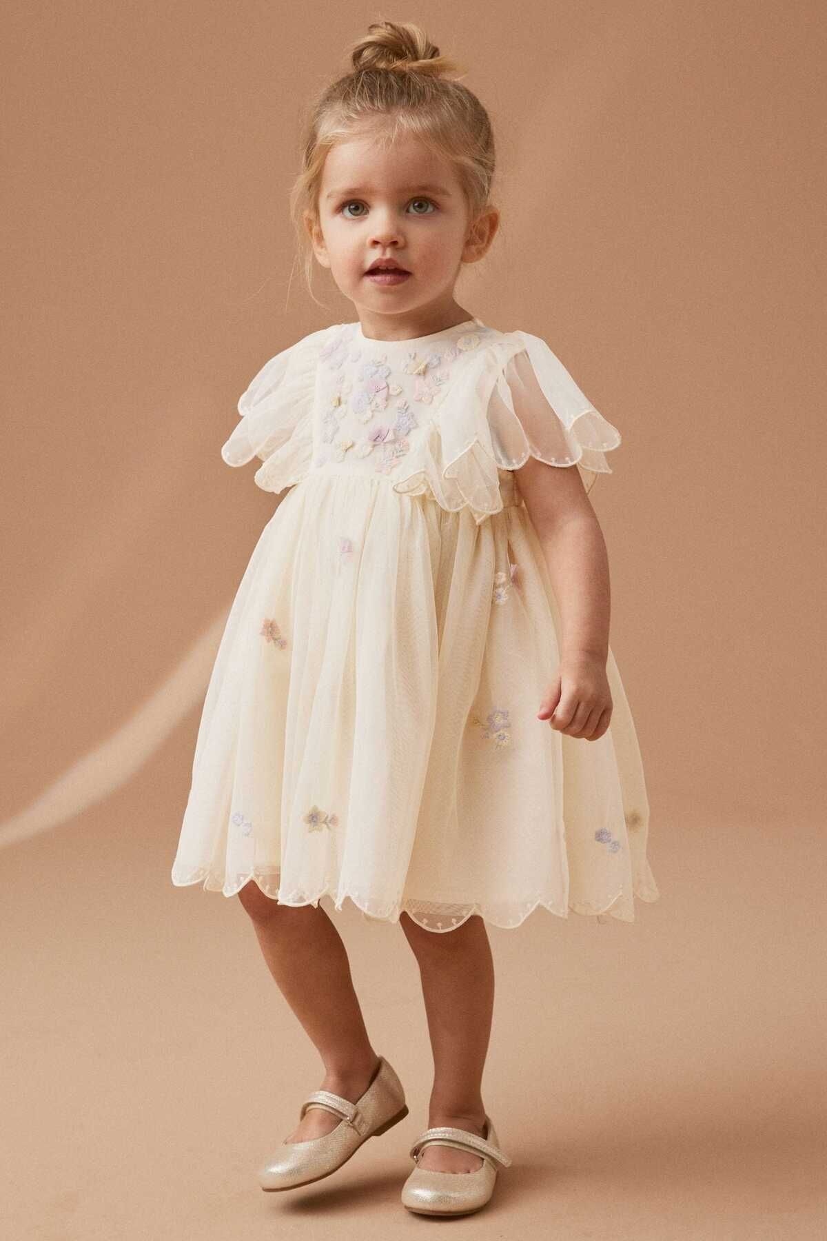 Next Baby Cream rengi Nakışlı Ağ Parti Elbisesi Özel Gün Elbisesi